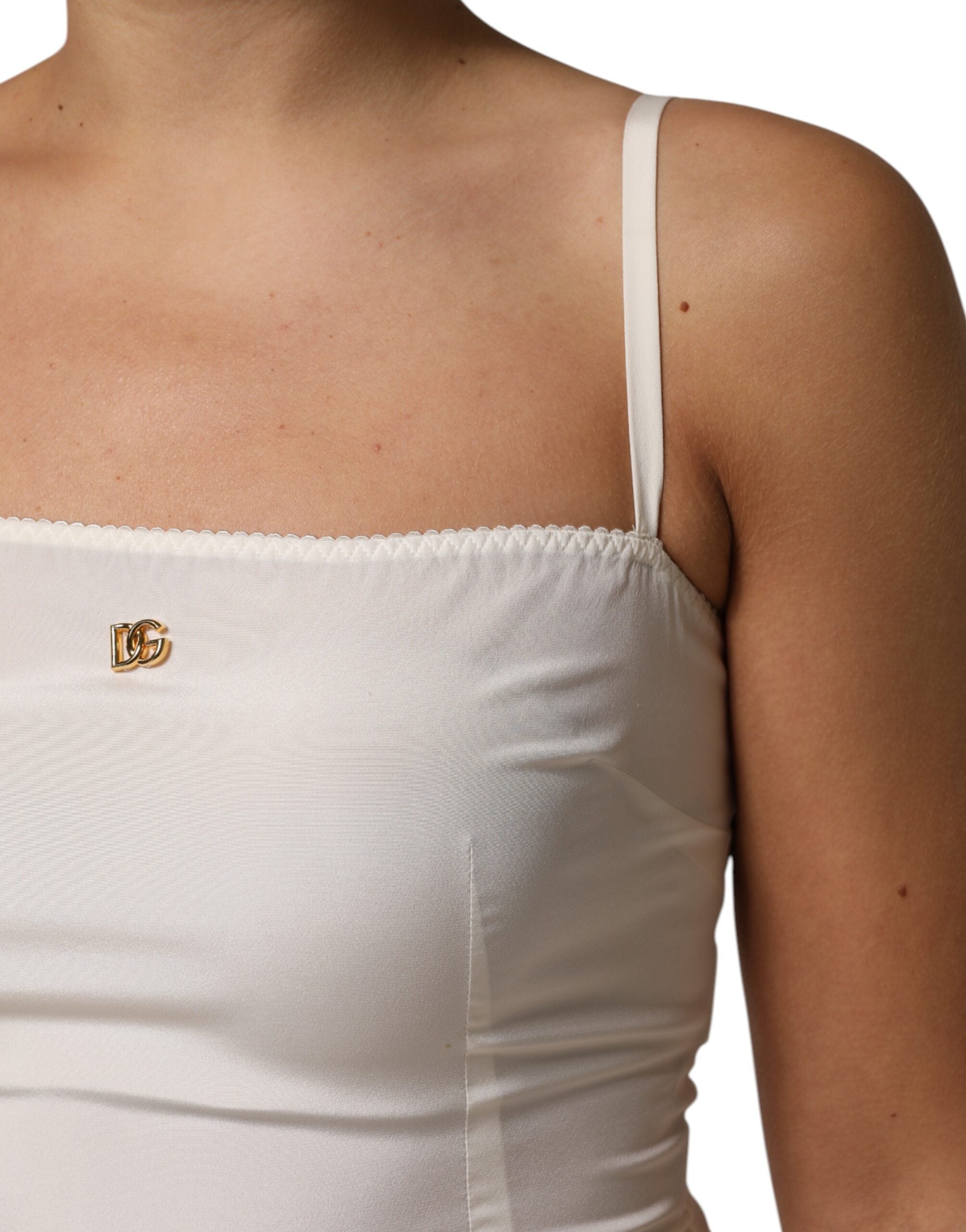 White Full Slip DG Logo Silk Dress Sleepwear - ventzia