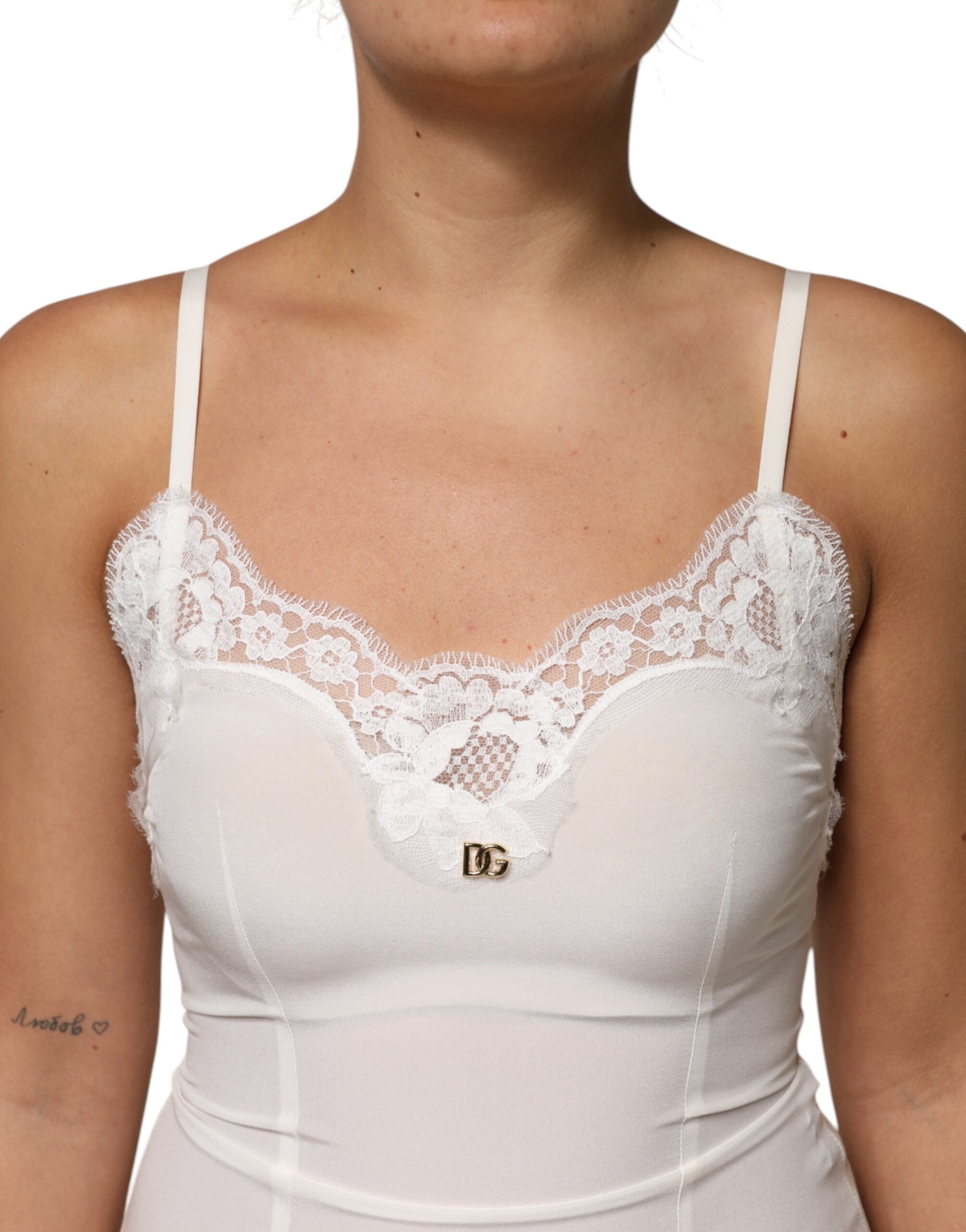 White Lace Gold DG Logo Silk Dress Sleepwear - ventzia