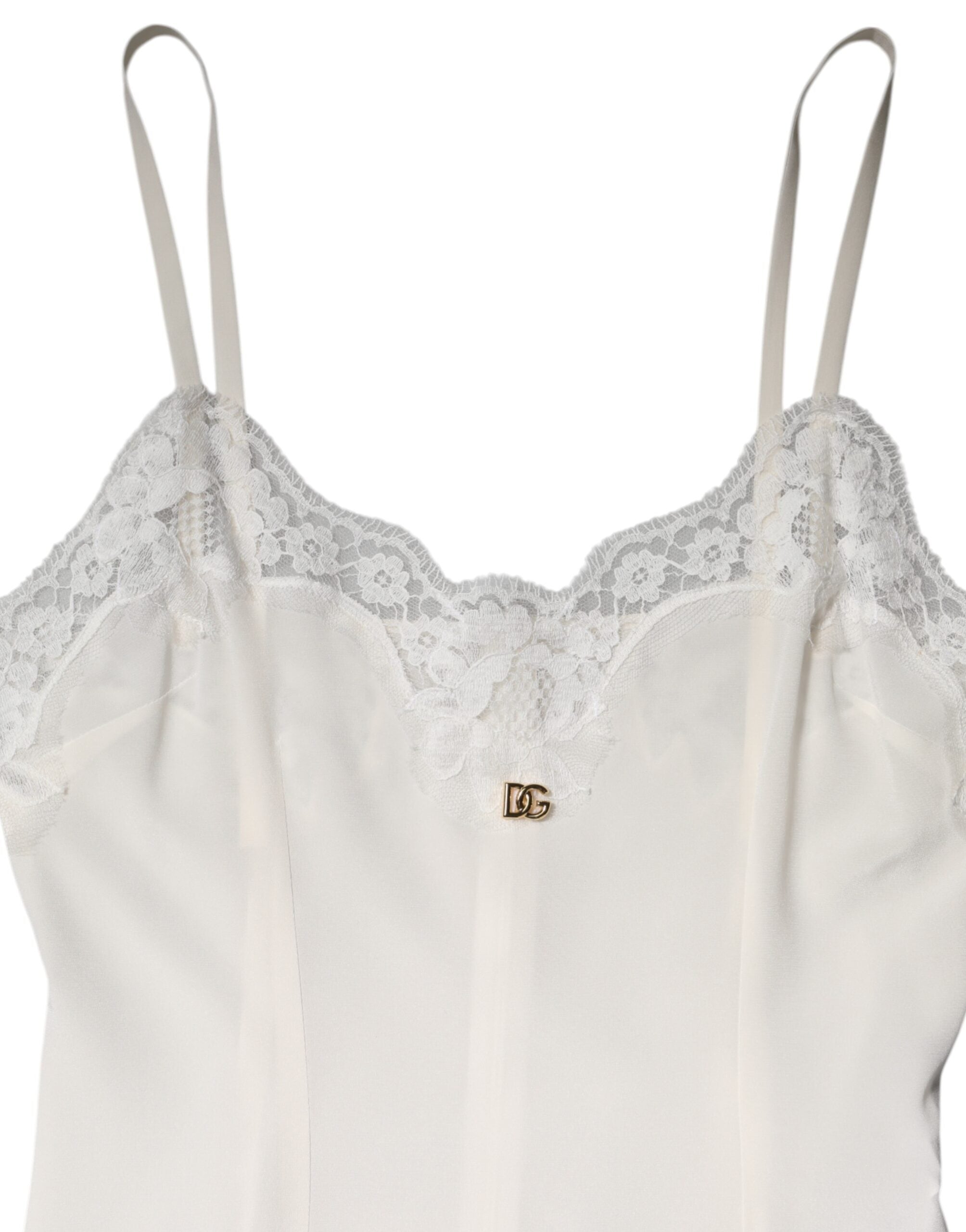 White Lace Gold DG Logo Silk Dress Sleepwear - ventzia