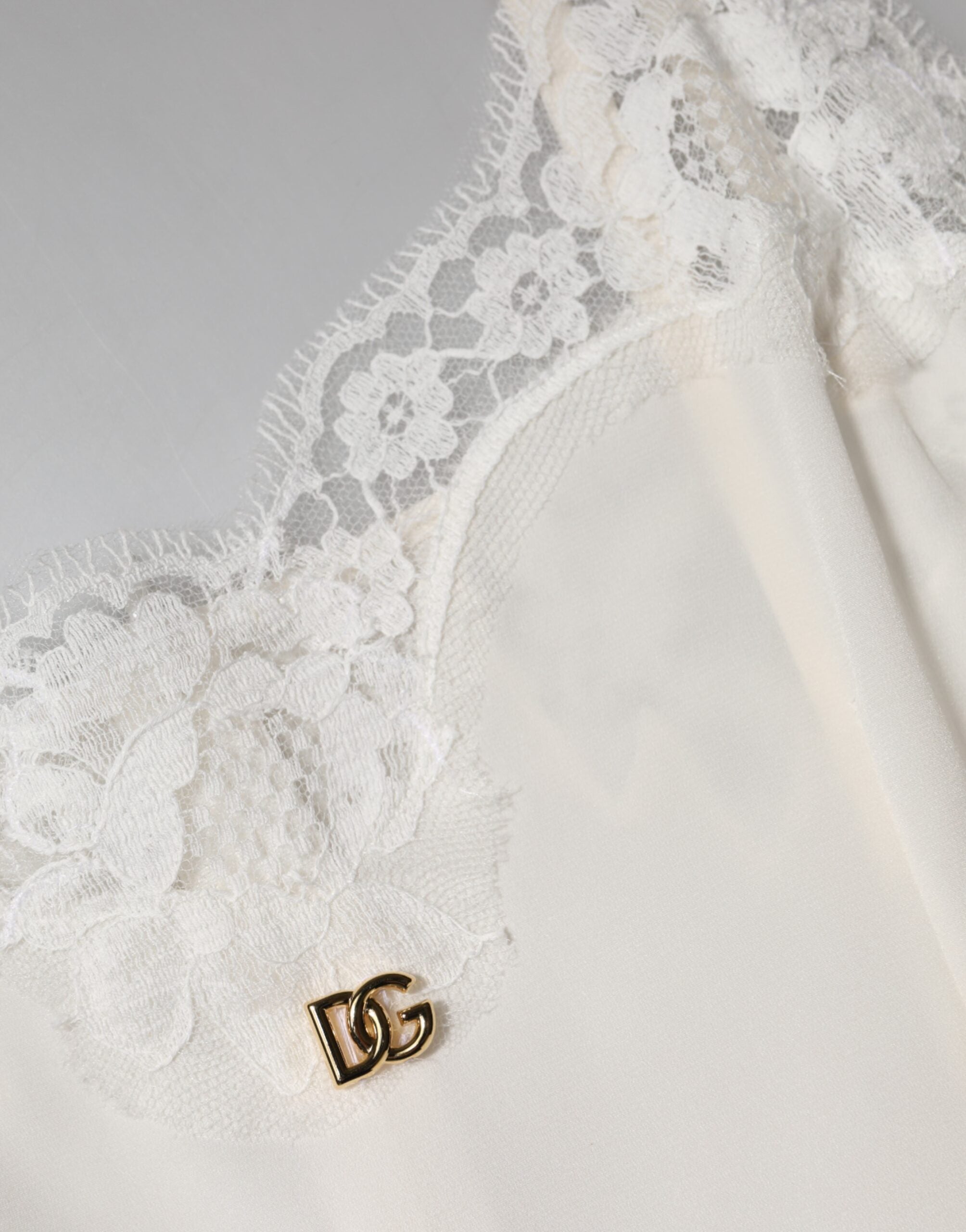 White Lace Gold DG Logo Silk Dress Sleepwear - ventzia