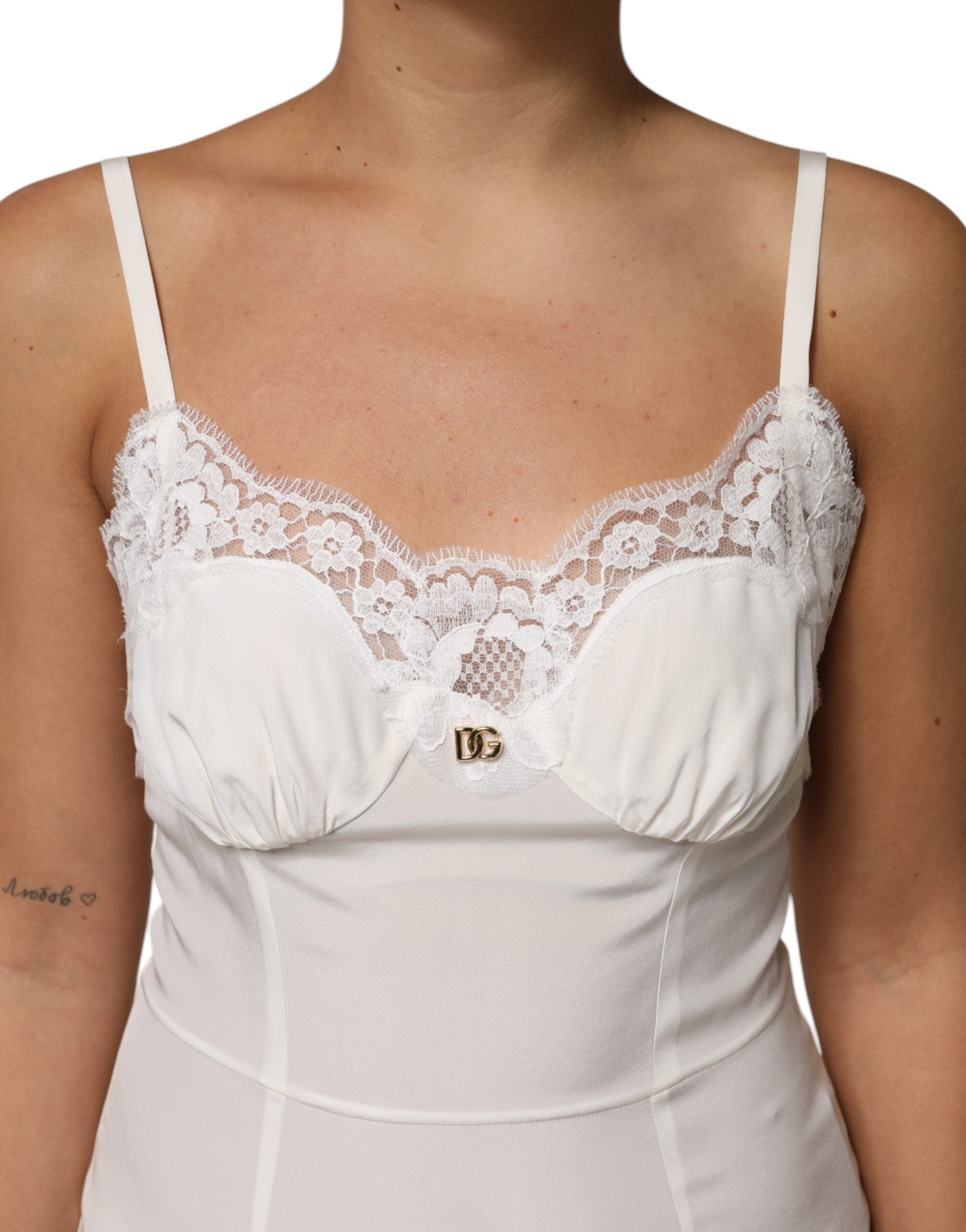 White Lace DG Logo Silk Dress Sleepwear - ventzia