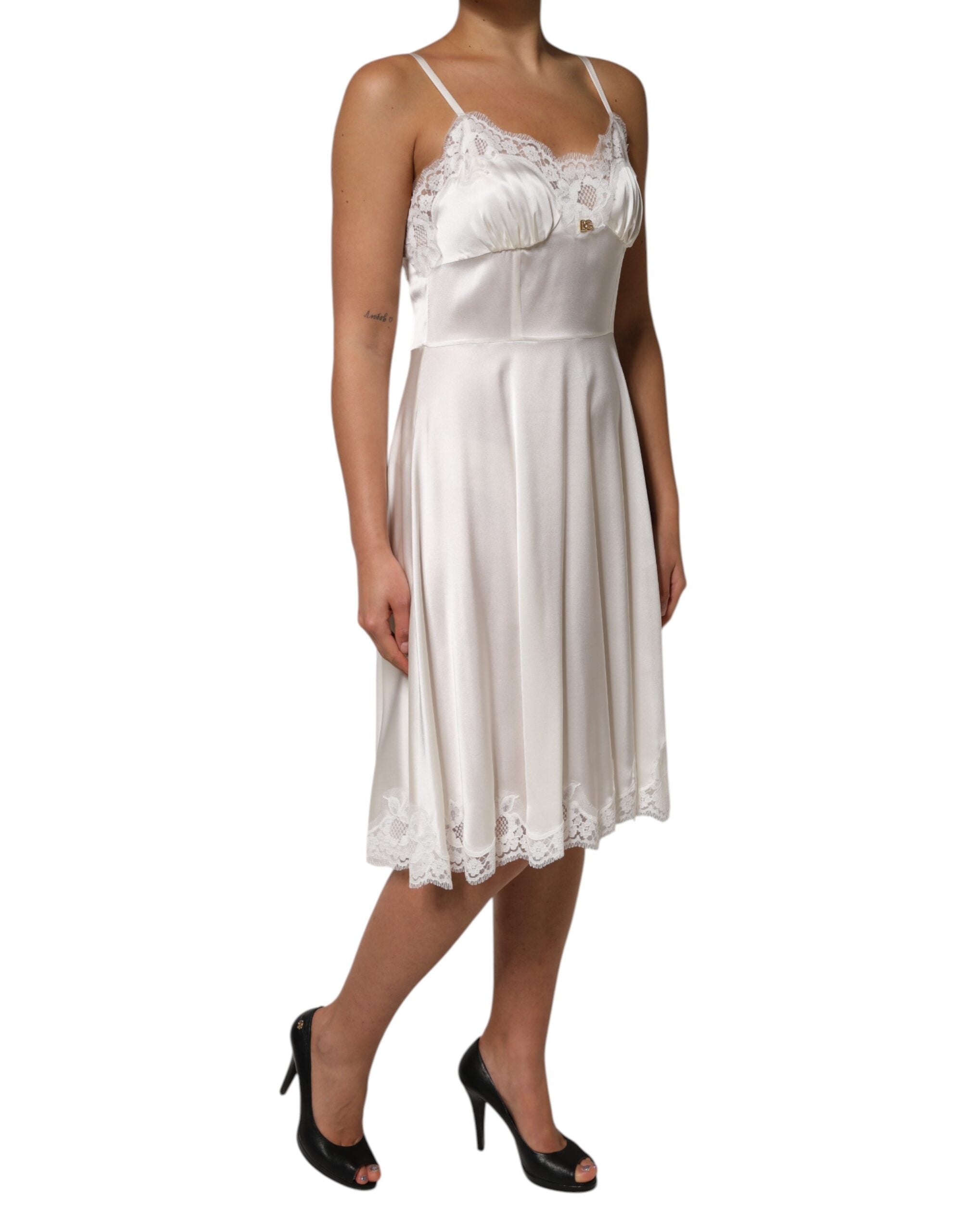 White Lace DG Logo Silk Dress Sleepwear - ventzia