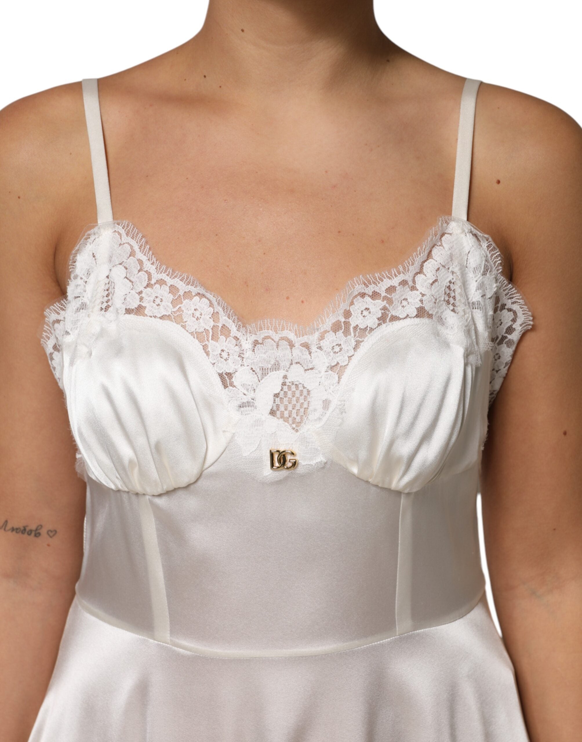 White Lace DG Logo Silk Dress Sleepwear - ventzia