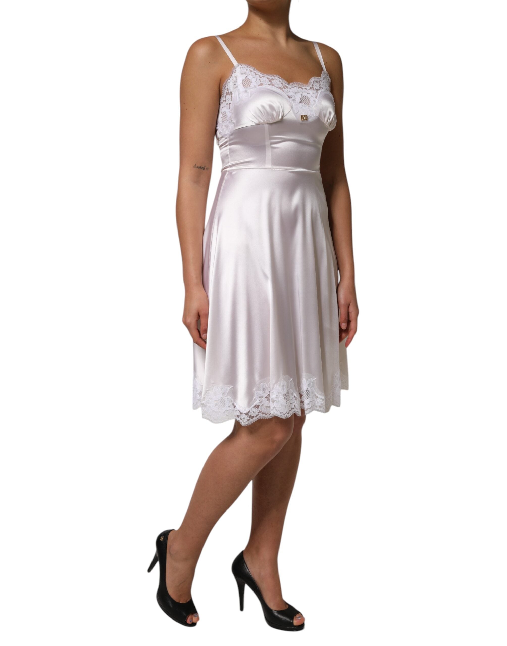White Lace Gold DG Logo Silk Dress Sleepwear - ventzia