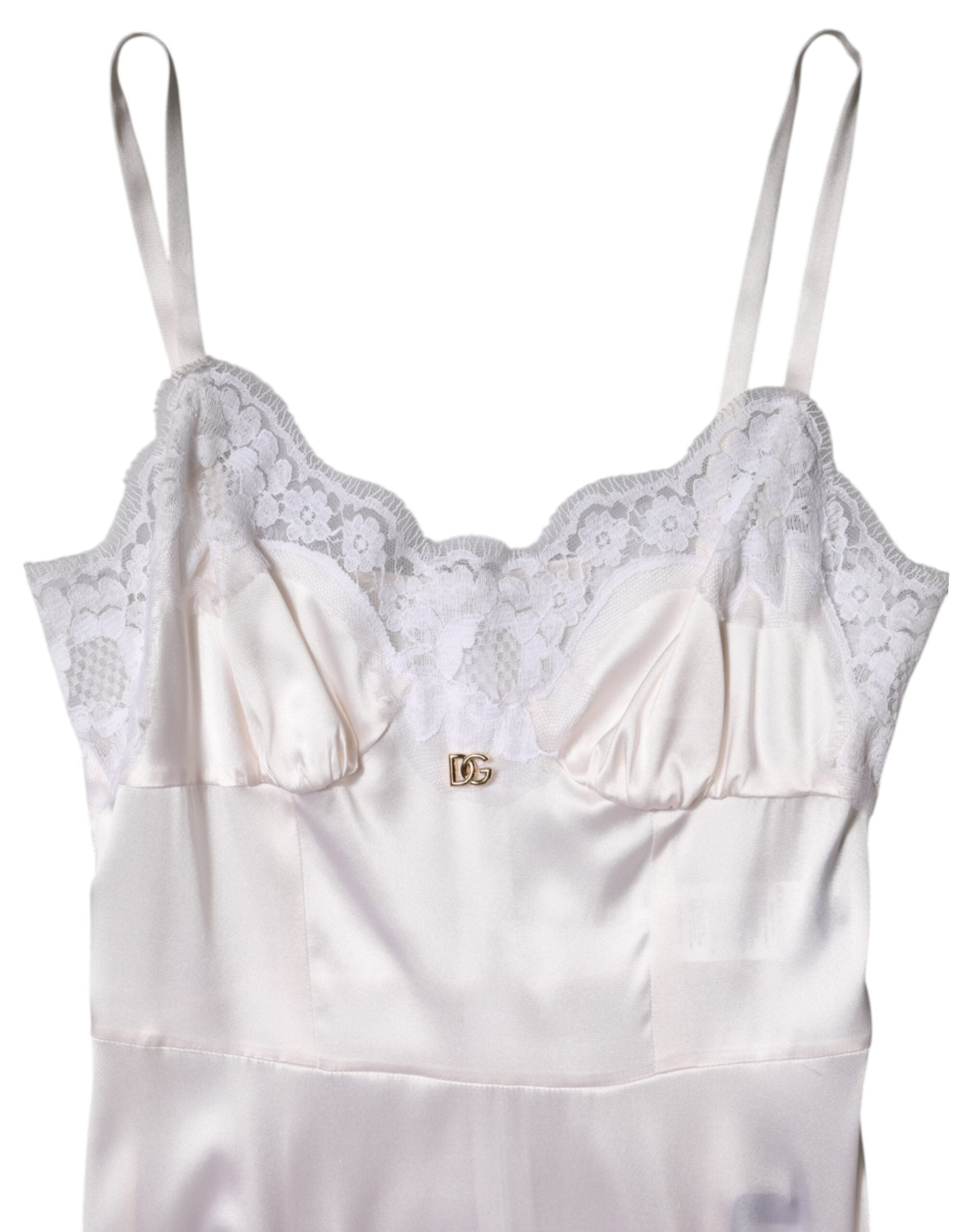 White Lace Gold DG Logo Silk Dress Sleepwear - ventzia