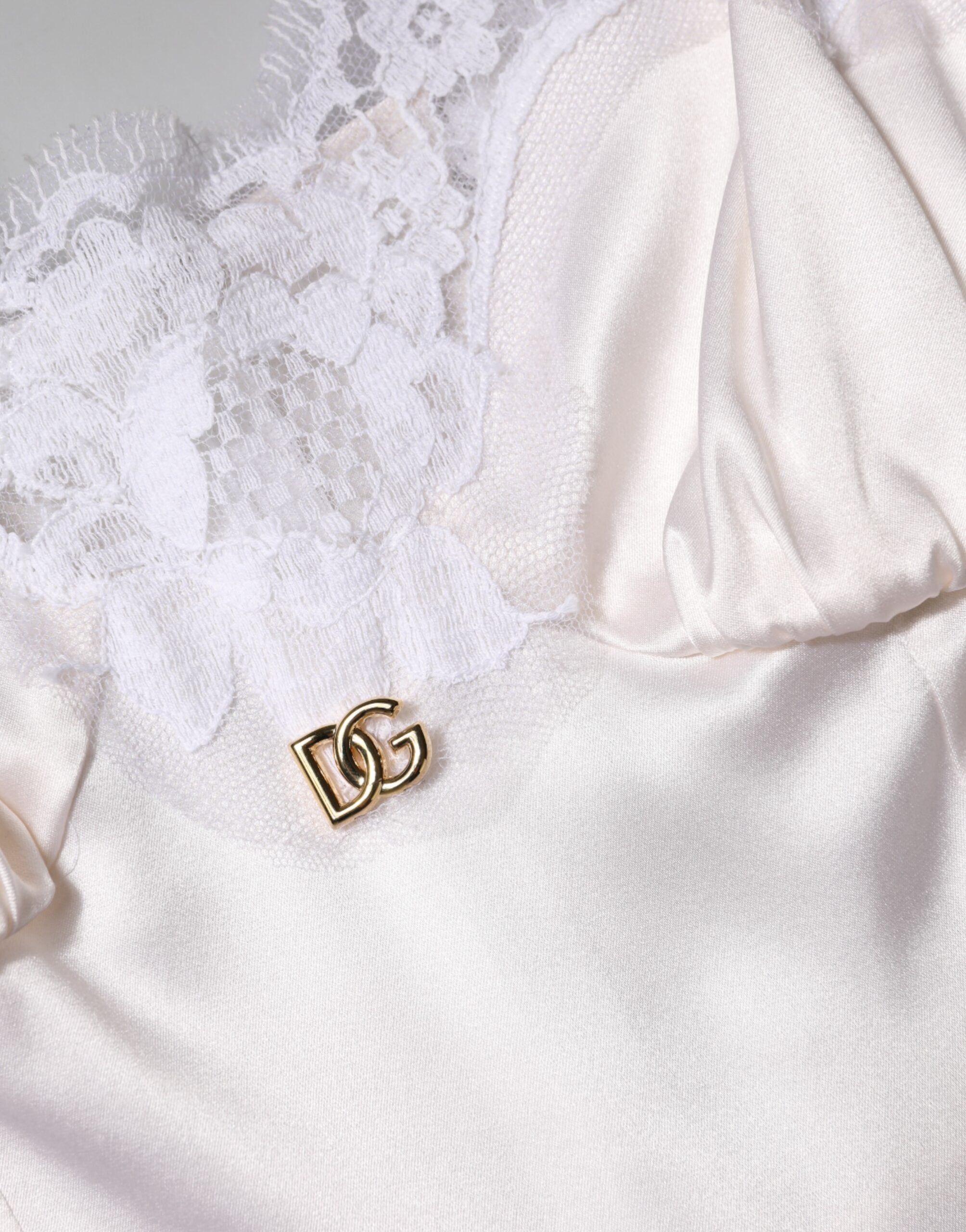 White Lace Gold DG Logo Silk Dress Sleepwear - ventzia