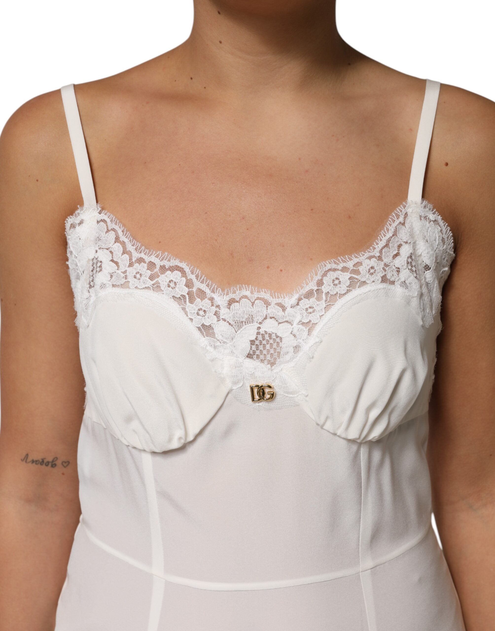White Lace Gold DG Logo Silk Dress Sleepwear - ventzia
