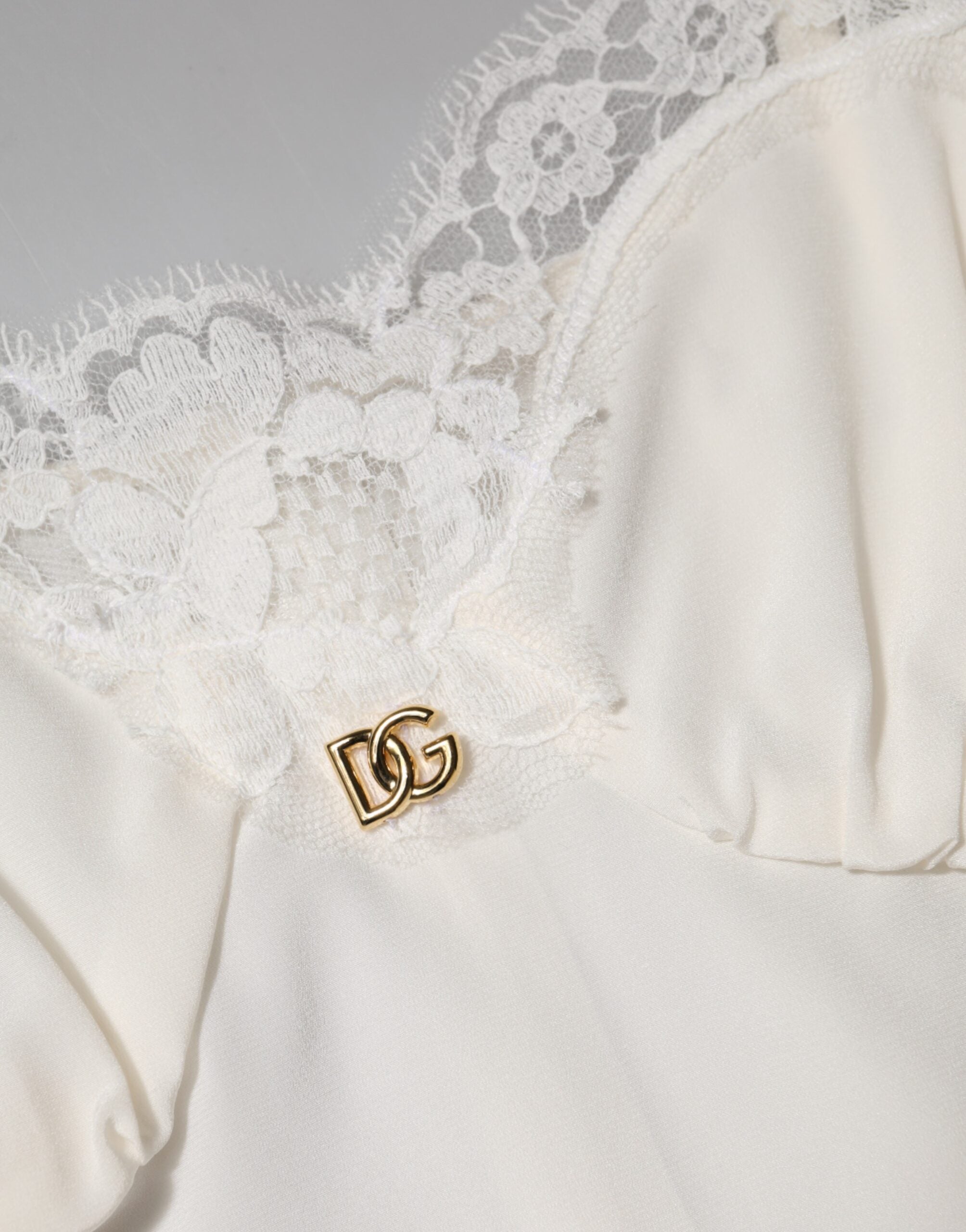 White Lace Gold DG Logo Silk Dress Sleepwear - ventzia