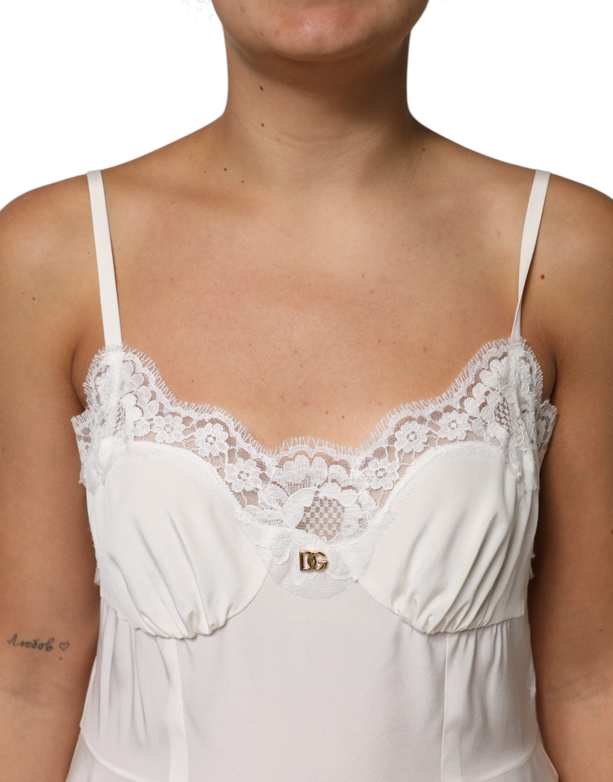 White Lace Gold DG Logo Silk Dress Sleepwear - ventzia