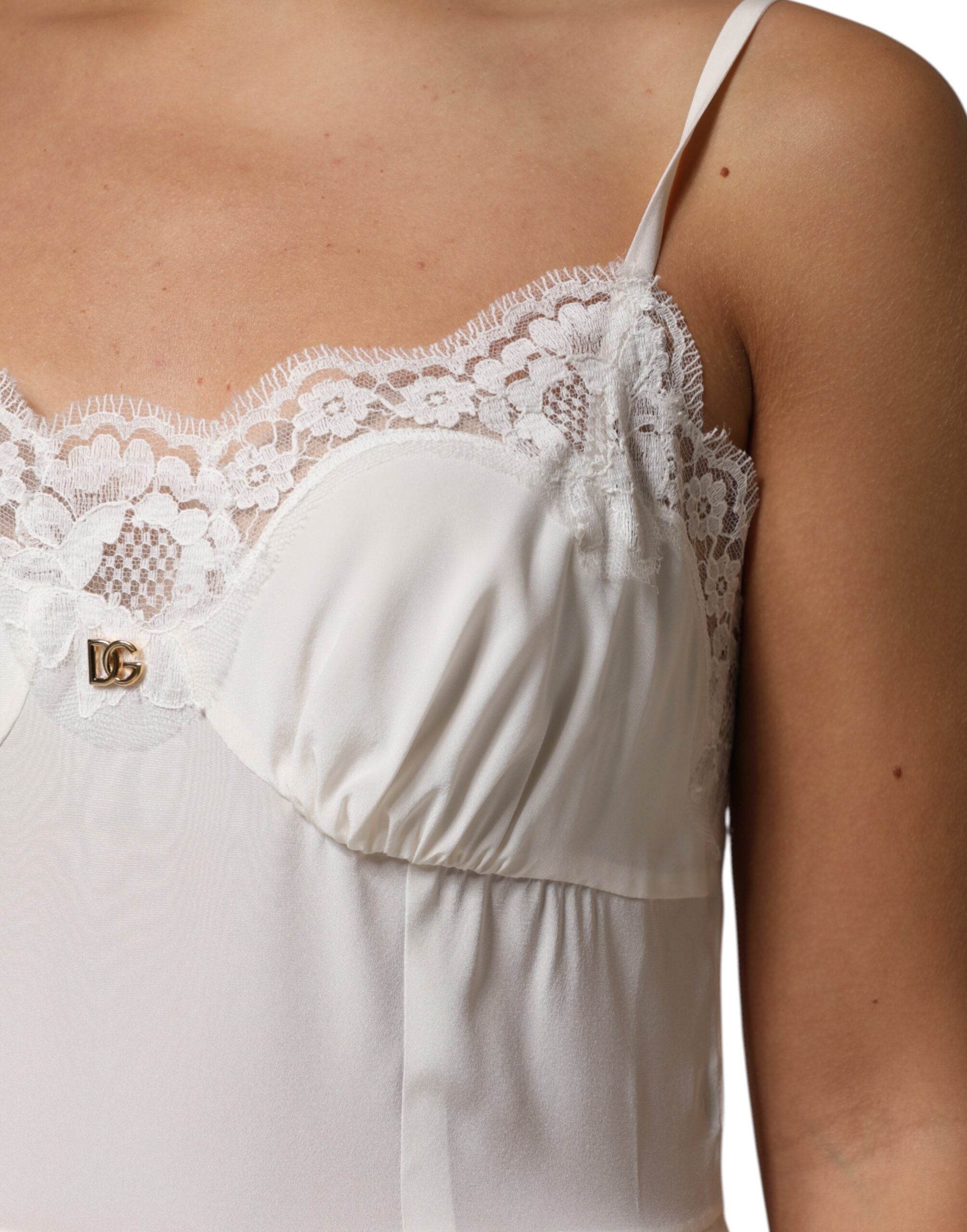 White Lace Gold DG Logo Silk Dress Sleepwear - ventzia
