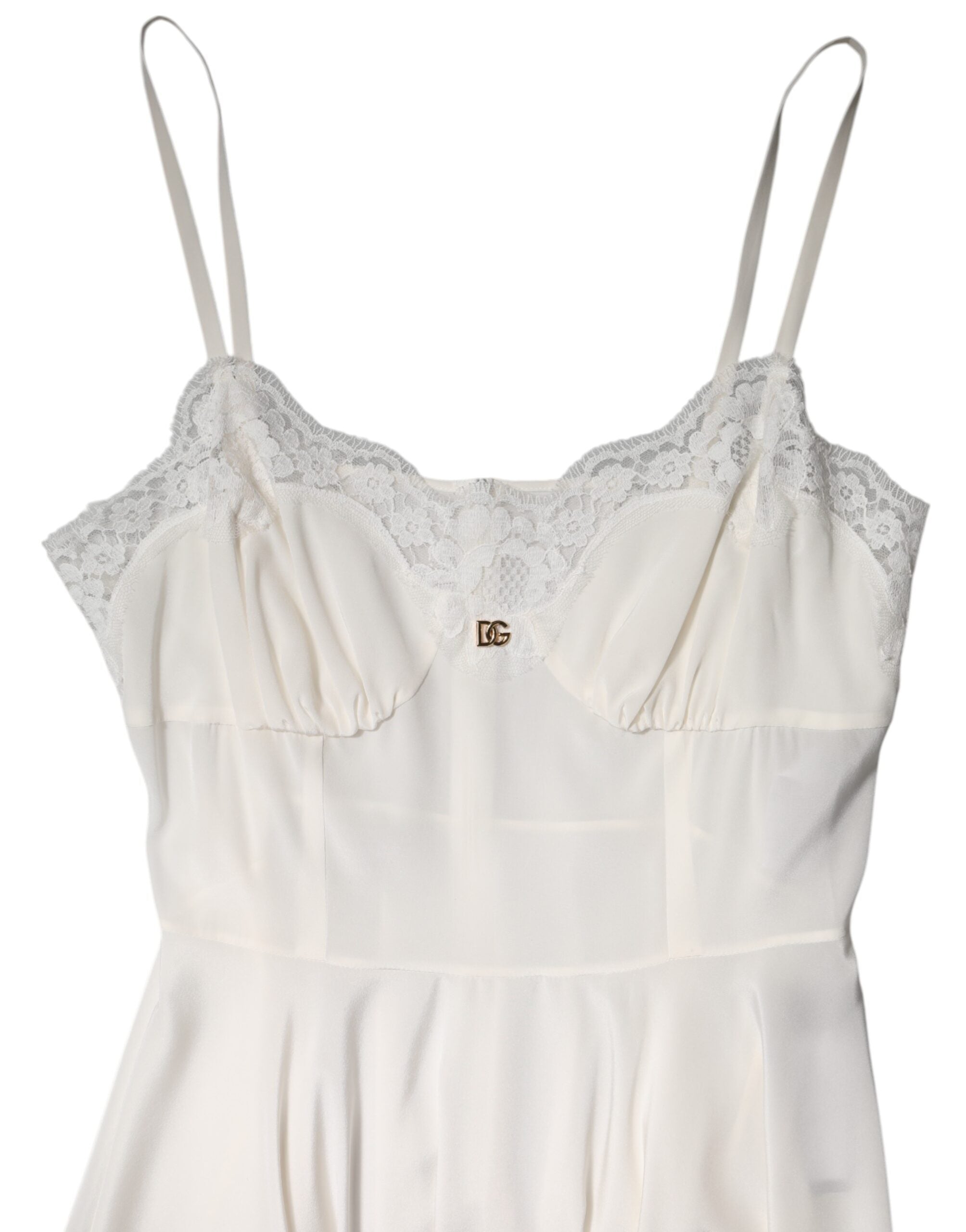 White Lace Gold DG Logo Silk Dress Sleepwear - ventzia