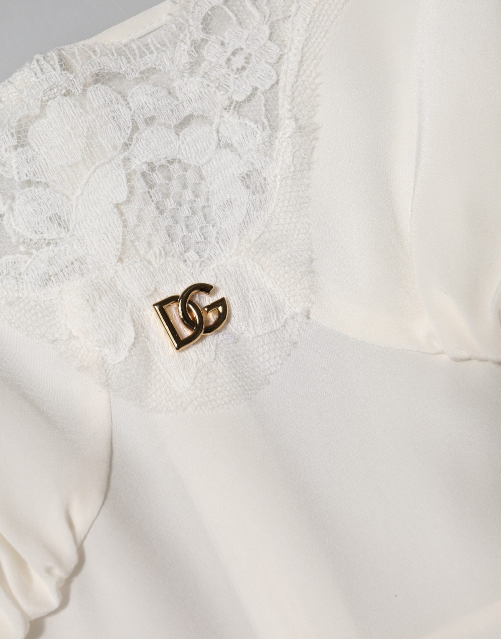 White Lace Gold DG Logo Silk Dress Sleepwear - ventzia