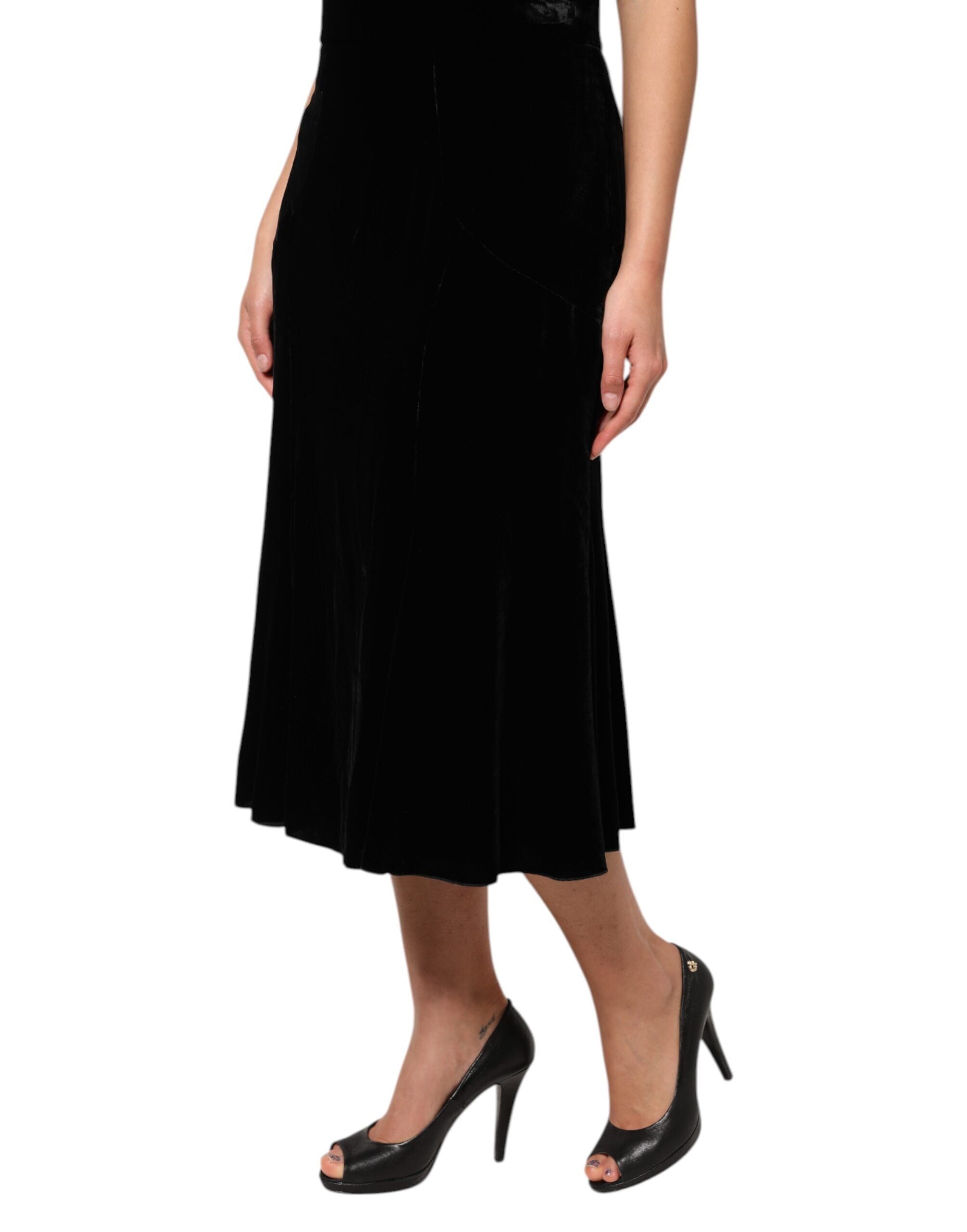 Black High Waist Fit Flared Midi Skirt - ventzia