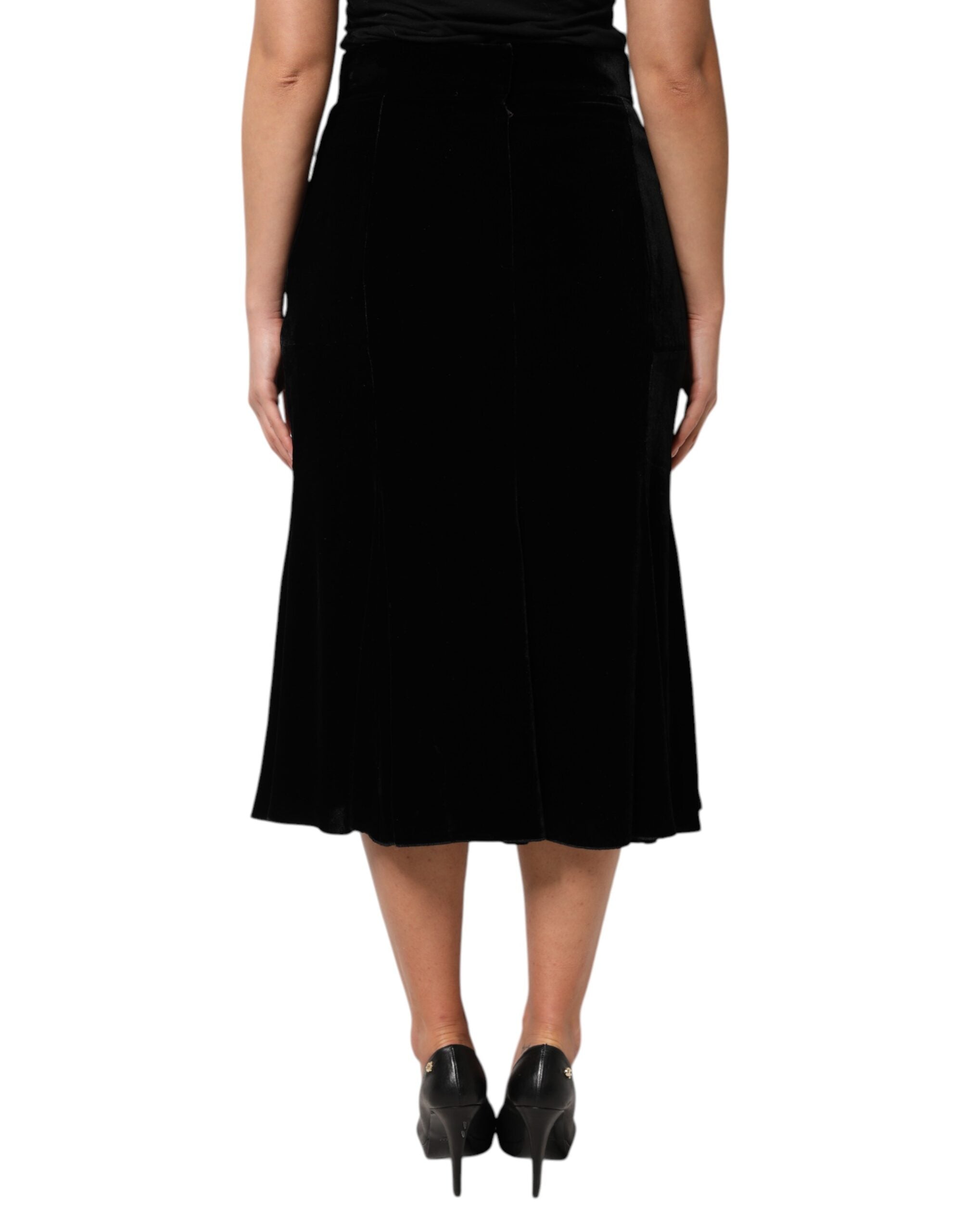 Black High Waist Fit Flared Midi Skirt - ventzia