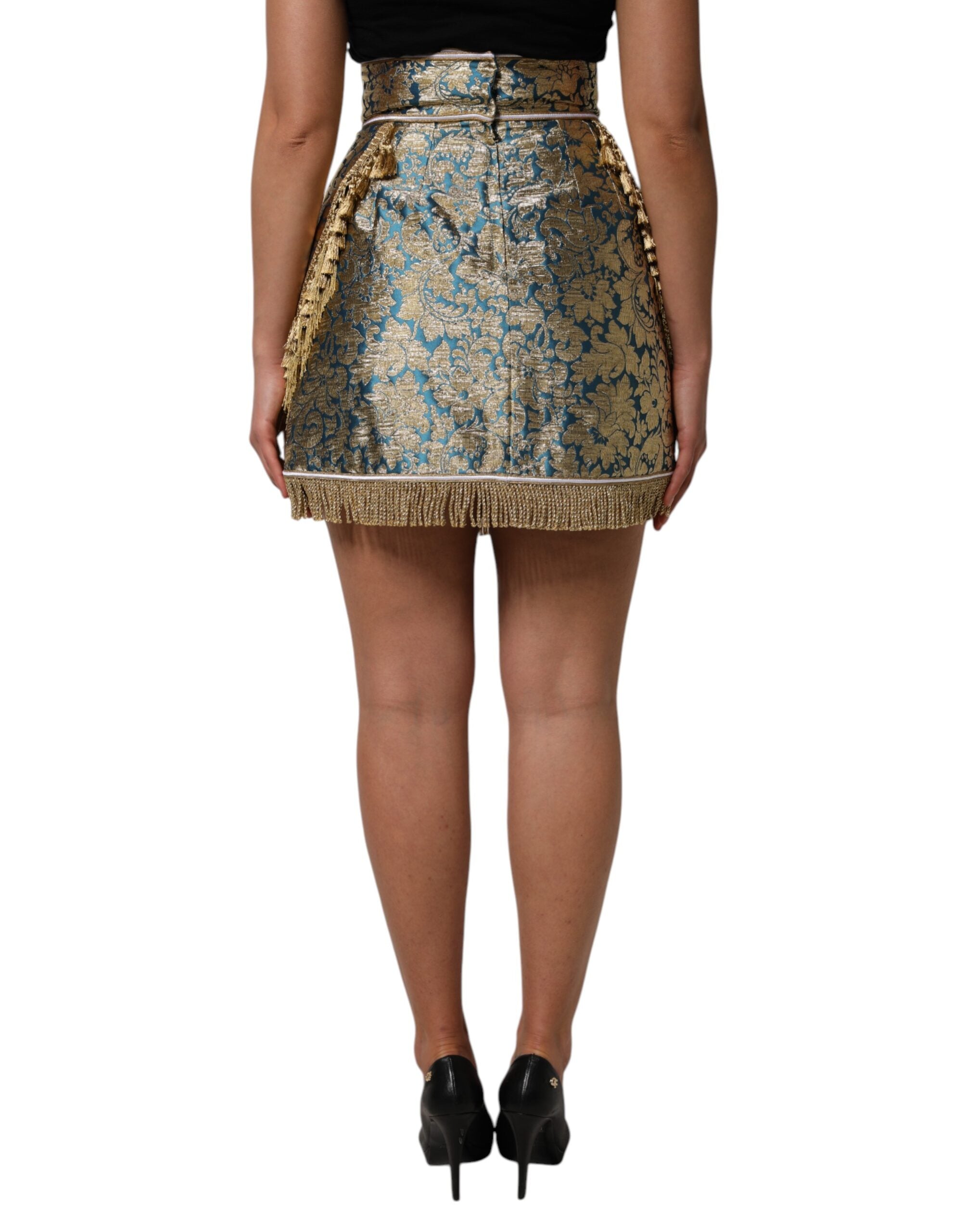 Blue Floral Jacquard Tasseled Mini Skirt - ventzia