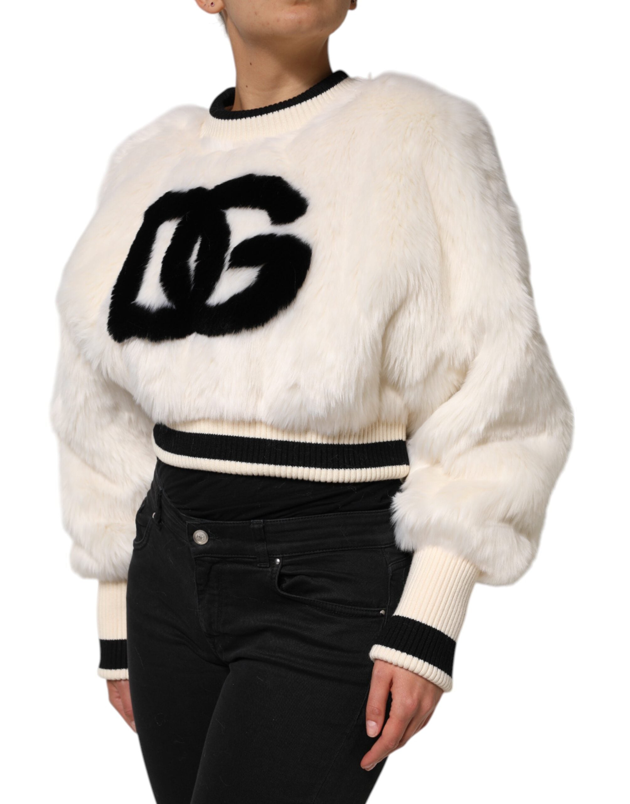 White Cropped Faux Fur DG Sweatshirt Sweater - ventzia