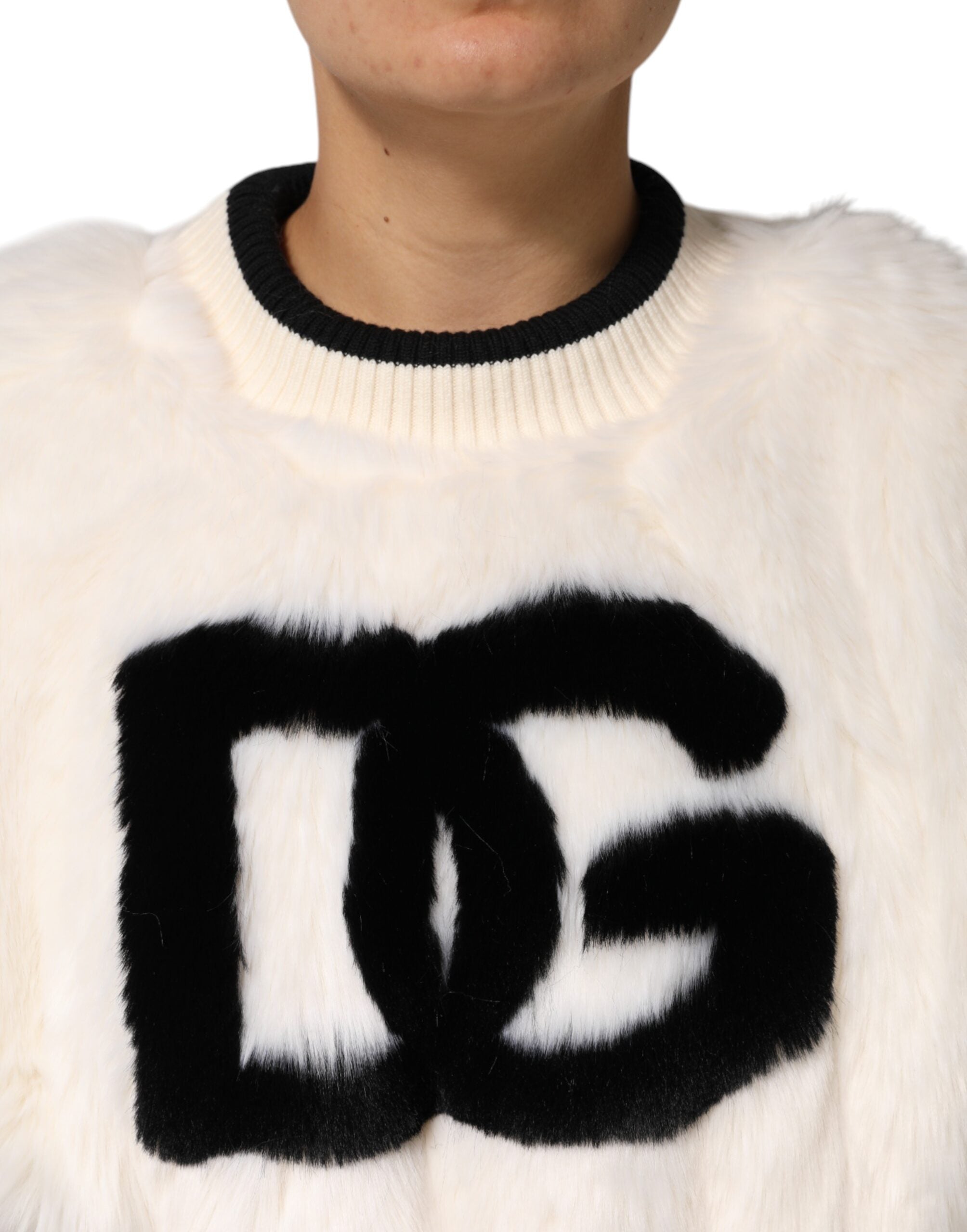 White Cropped Faux Fur DG Sweatshirt Sweater - ventzia