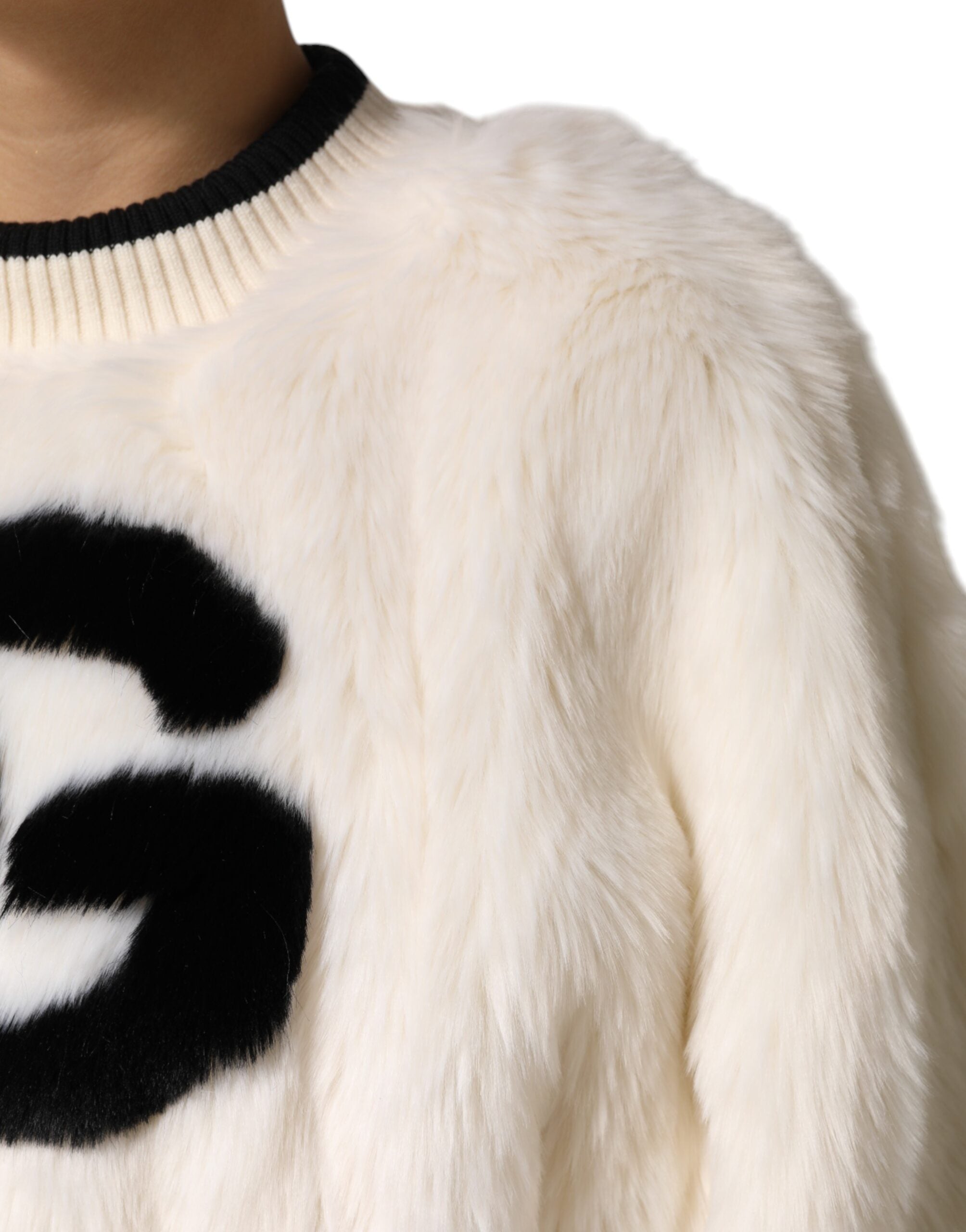 White Cropped Faux Fur DG Sweatshirt Sweater - ventzia