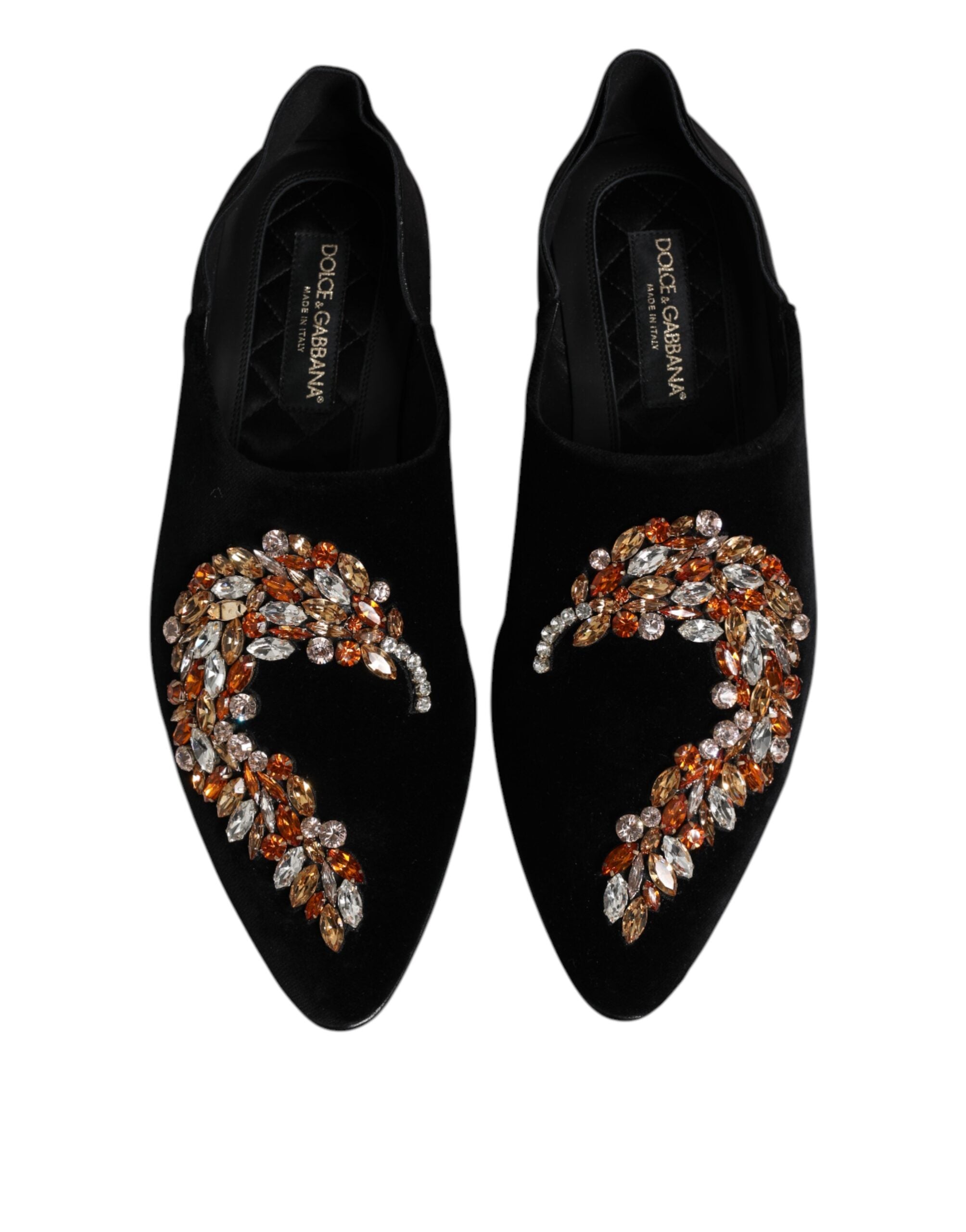 Black Velvet Embellished Loafer Slip On Shoes - ventzia