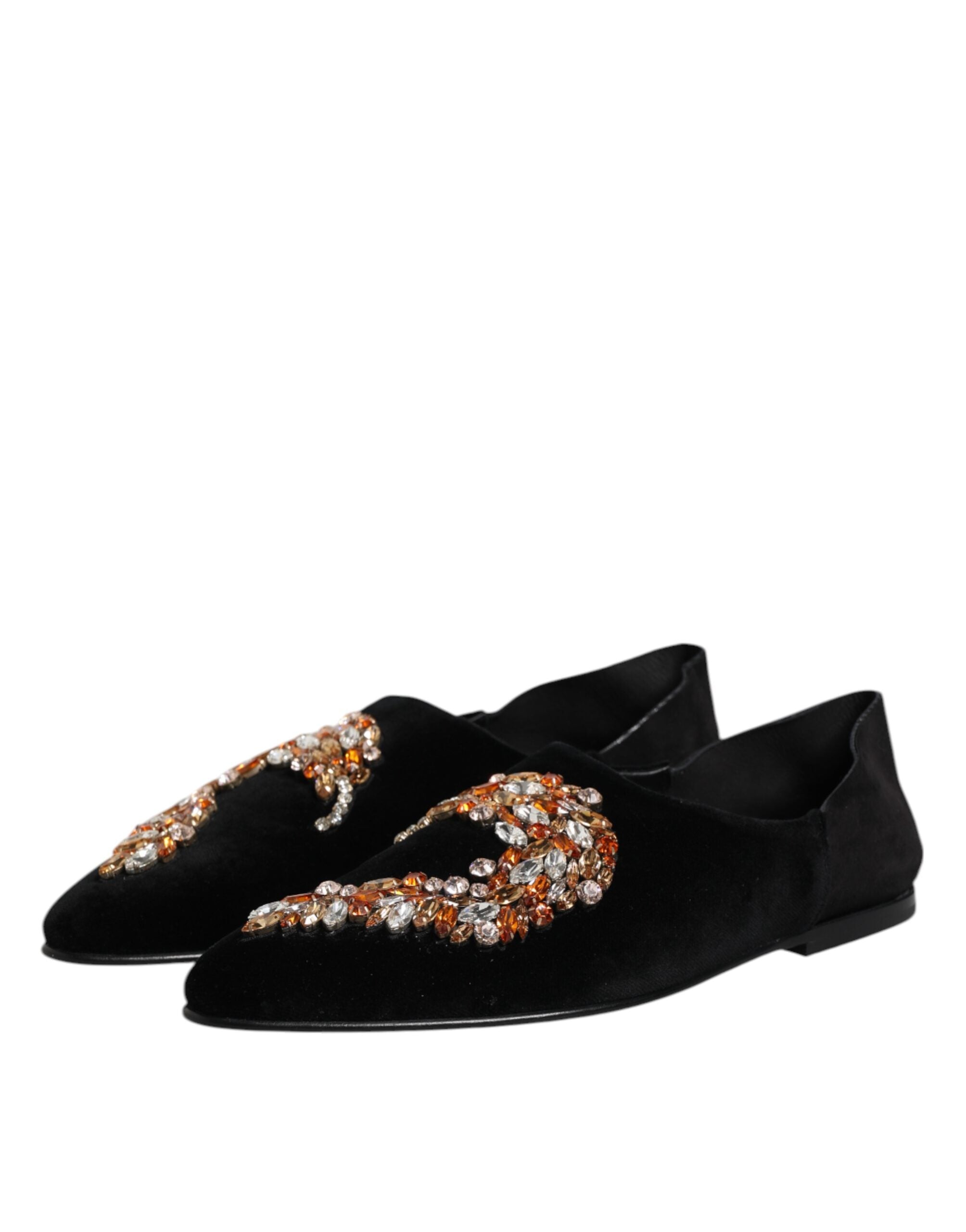 Black Velvet Embellished Loafer Slip On Shoes - ventzia