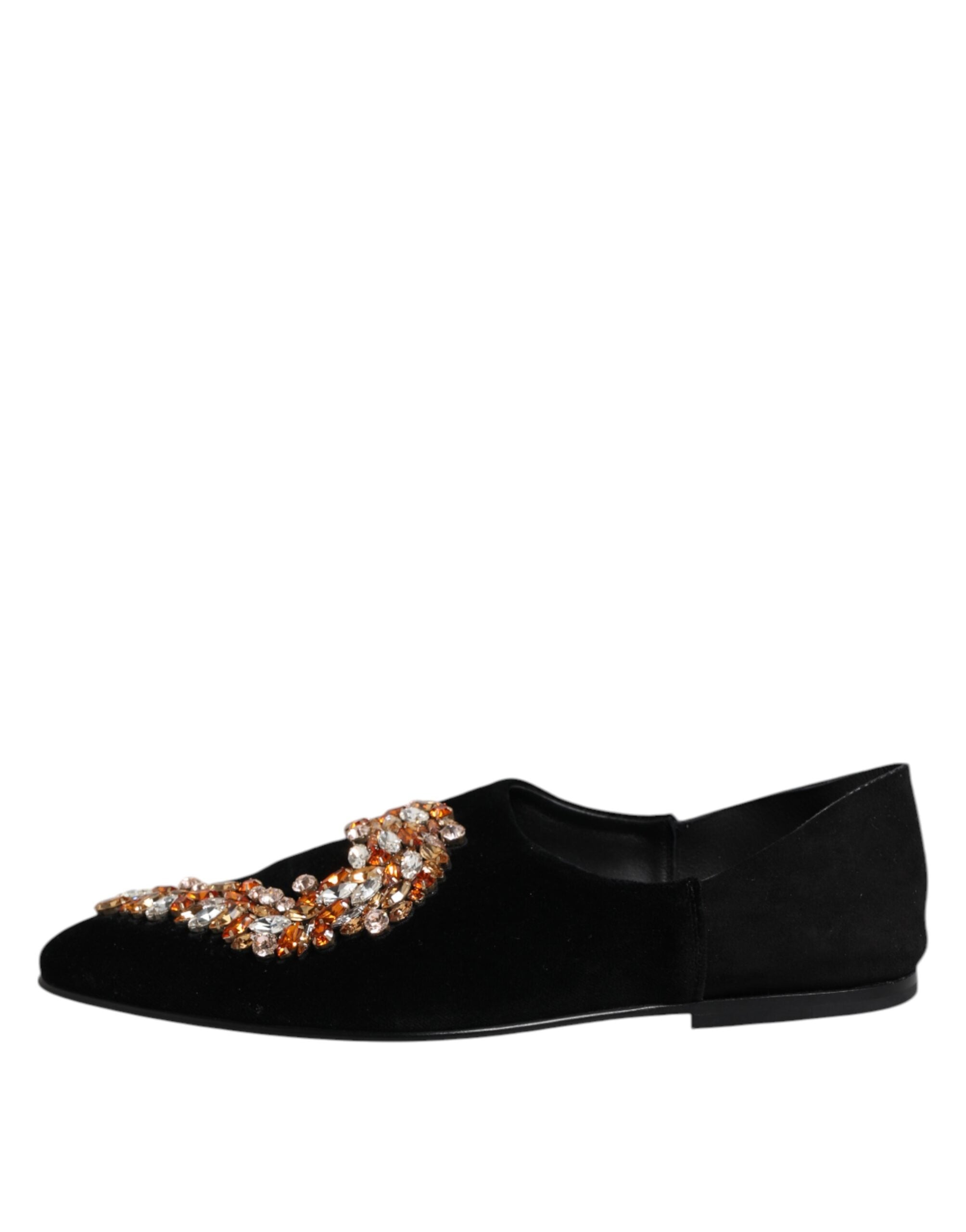 Black Velvet Embellished Loafer Slip On Shoes - ventzia