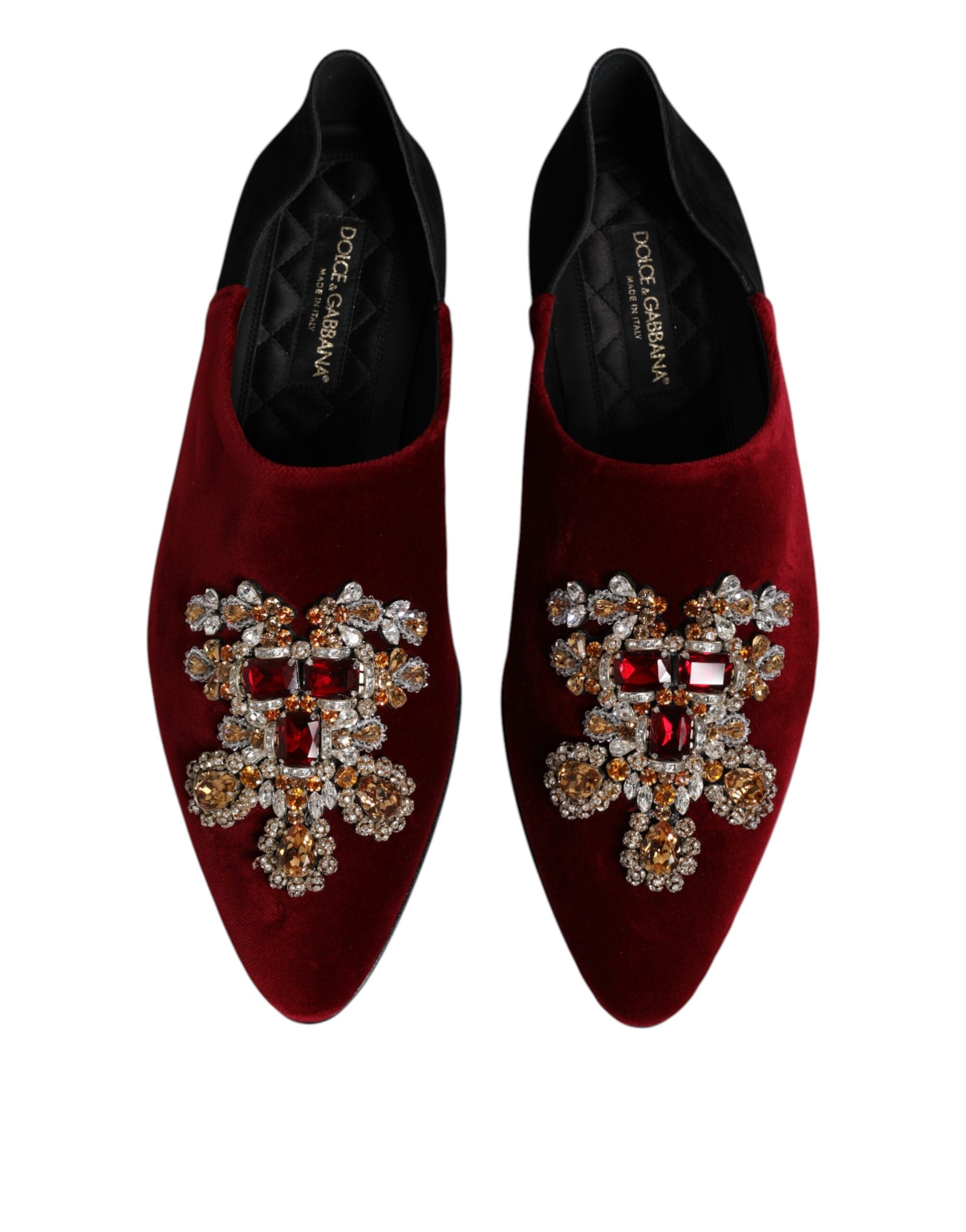 Black Red Velvet Embellished Slip On Shoes - ventzia