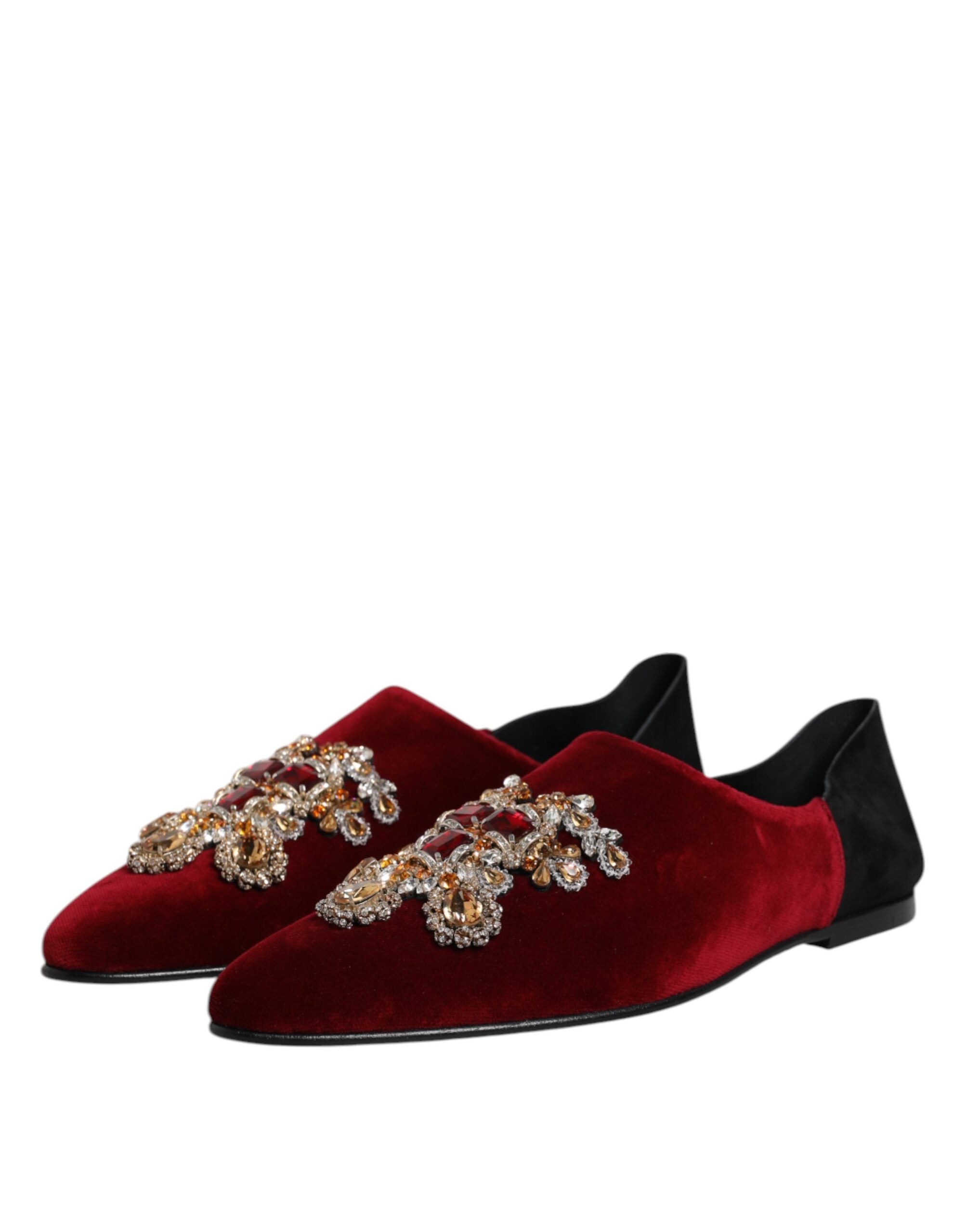 Black Red Velvet Embellished Slip On Shoes - ventzia
