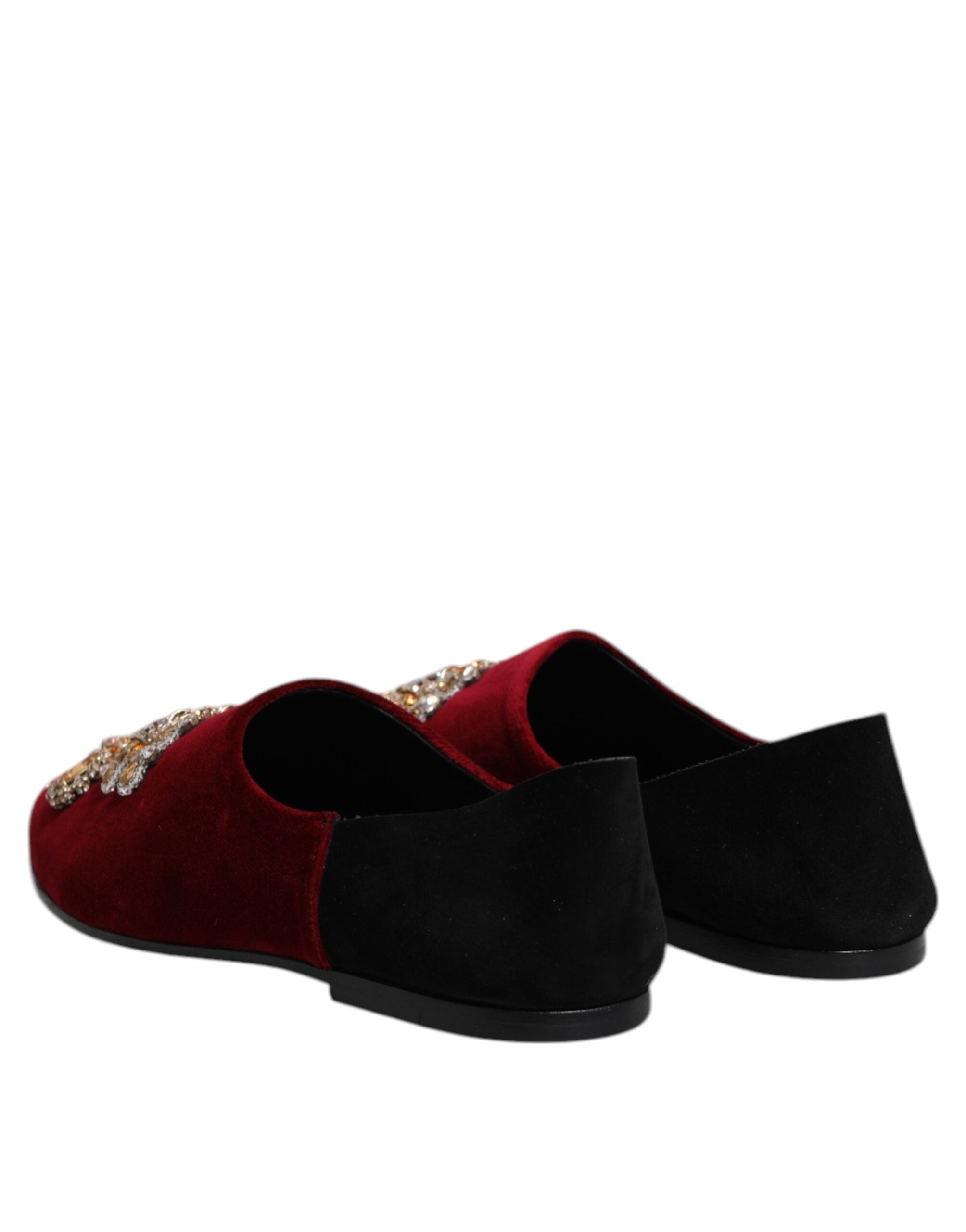 Black Red Velvet Embellished Slip On Shoes - ventzia
