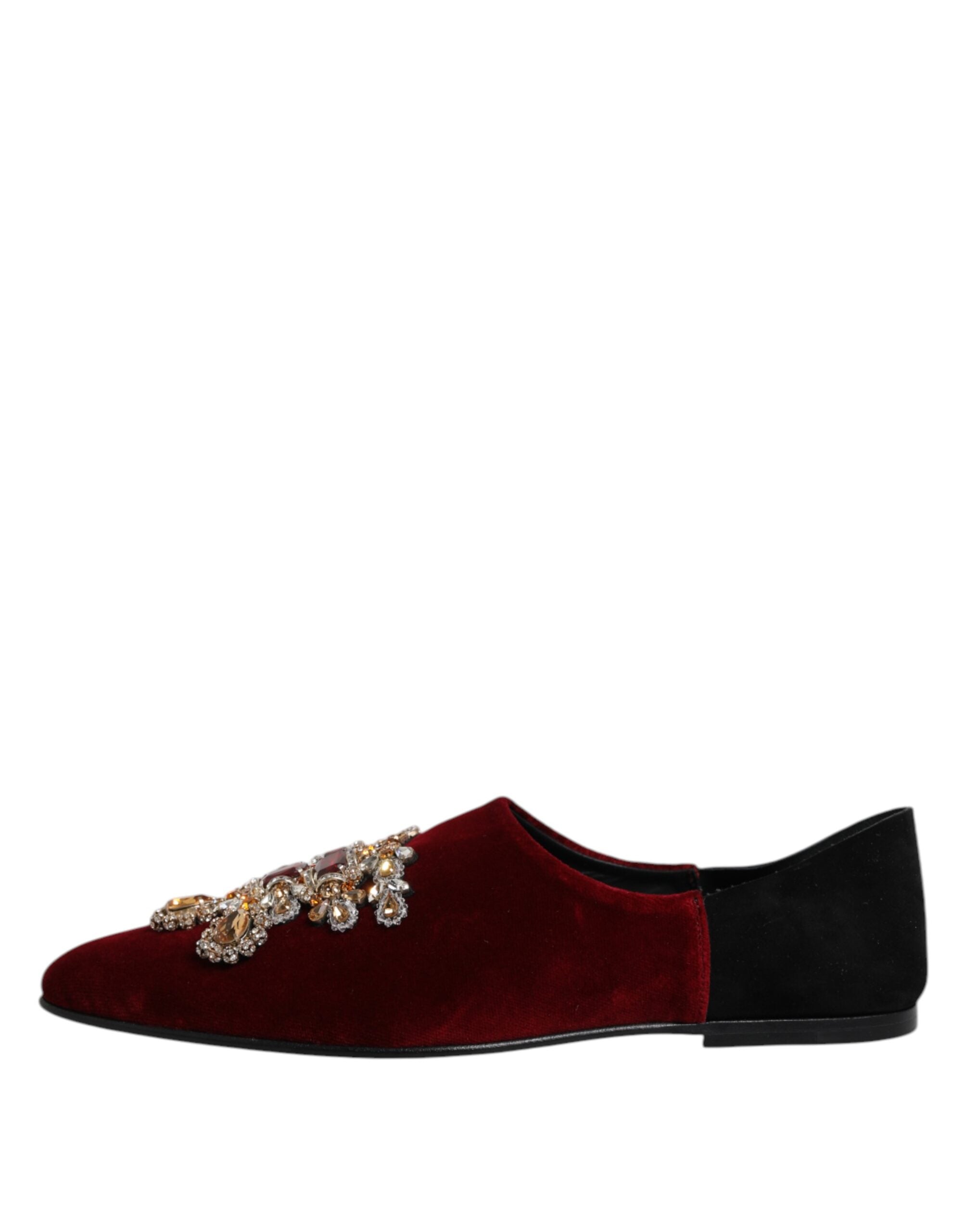 Black Red Velvet Embellished Slip On Shoes - ventzia