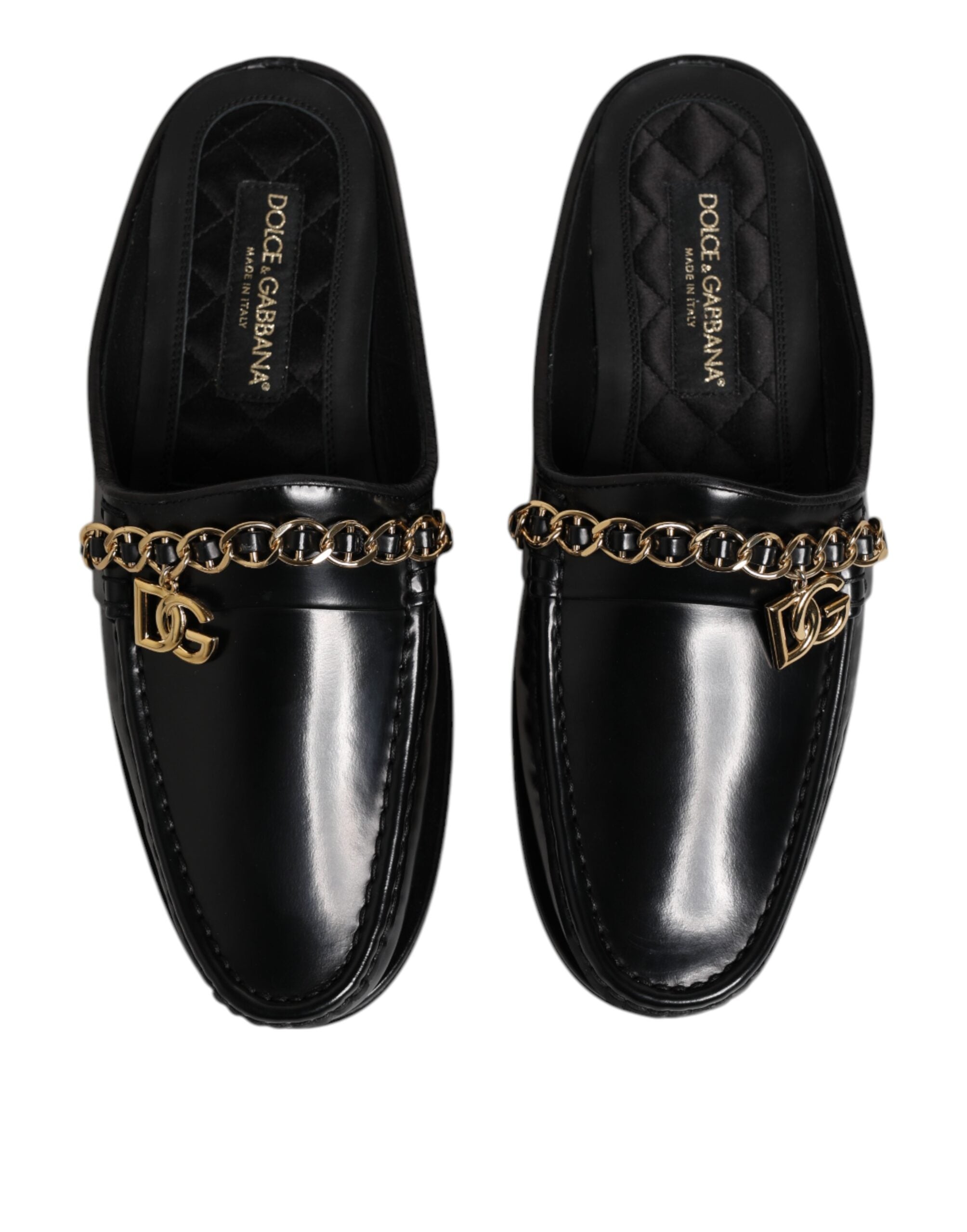 Black Leather DG Chain Embellished Sandals Shoes - ventzia
