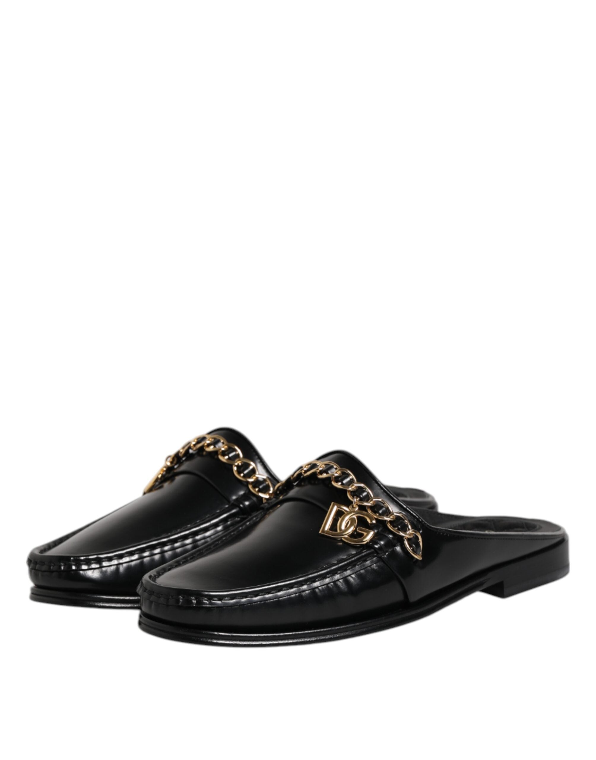 Black Leather DG Chain Embellished Sandals Shoes - ventzia