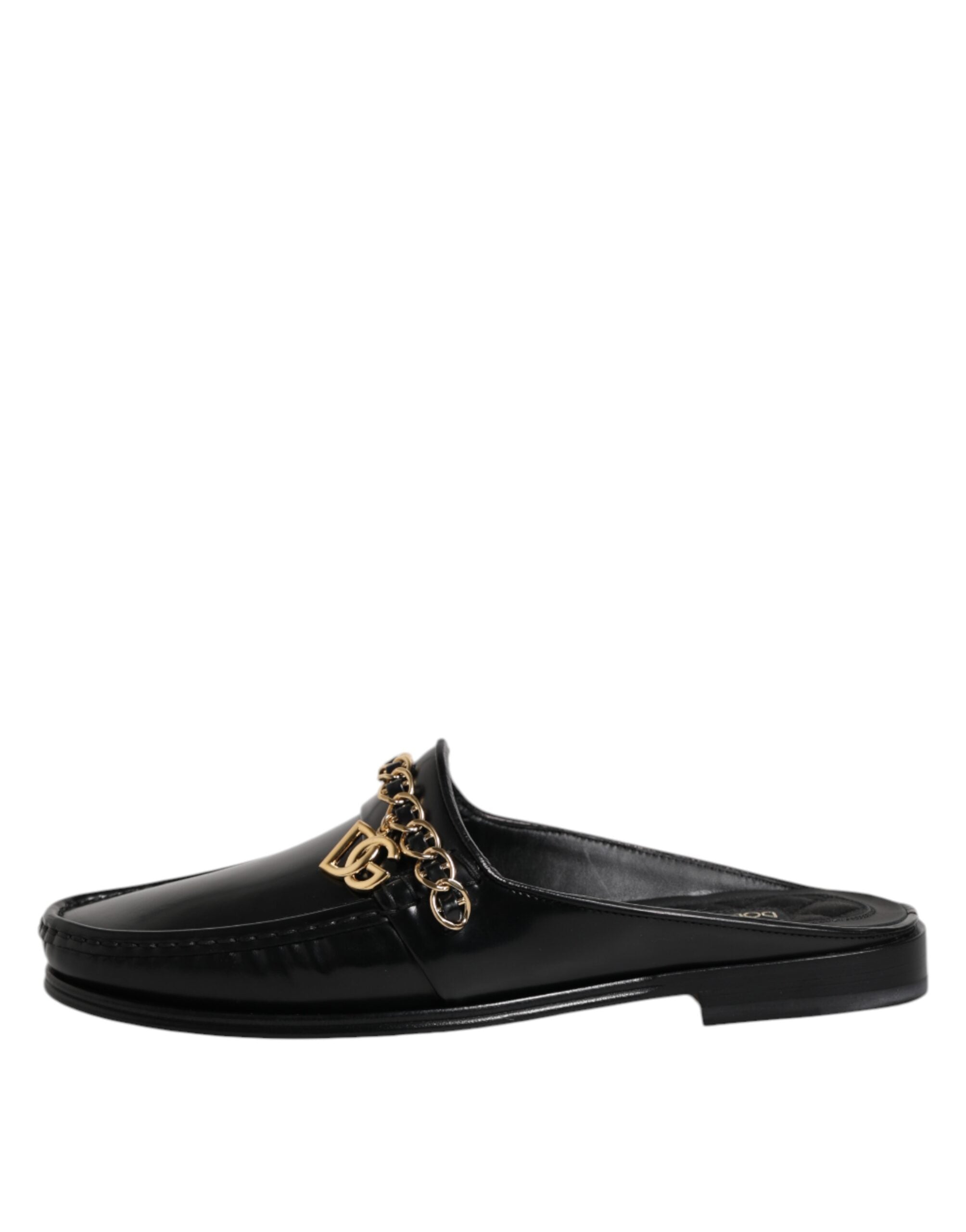Black Leather DG Chain Embellished Sandals Shoes - ventzia