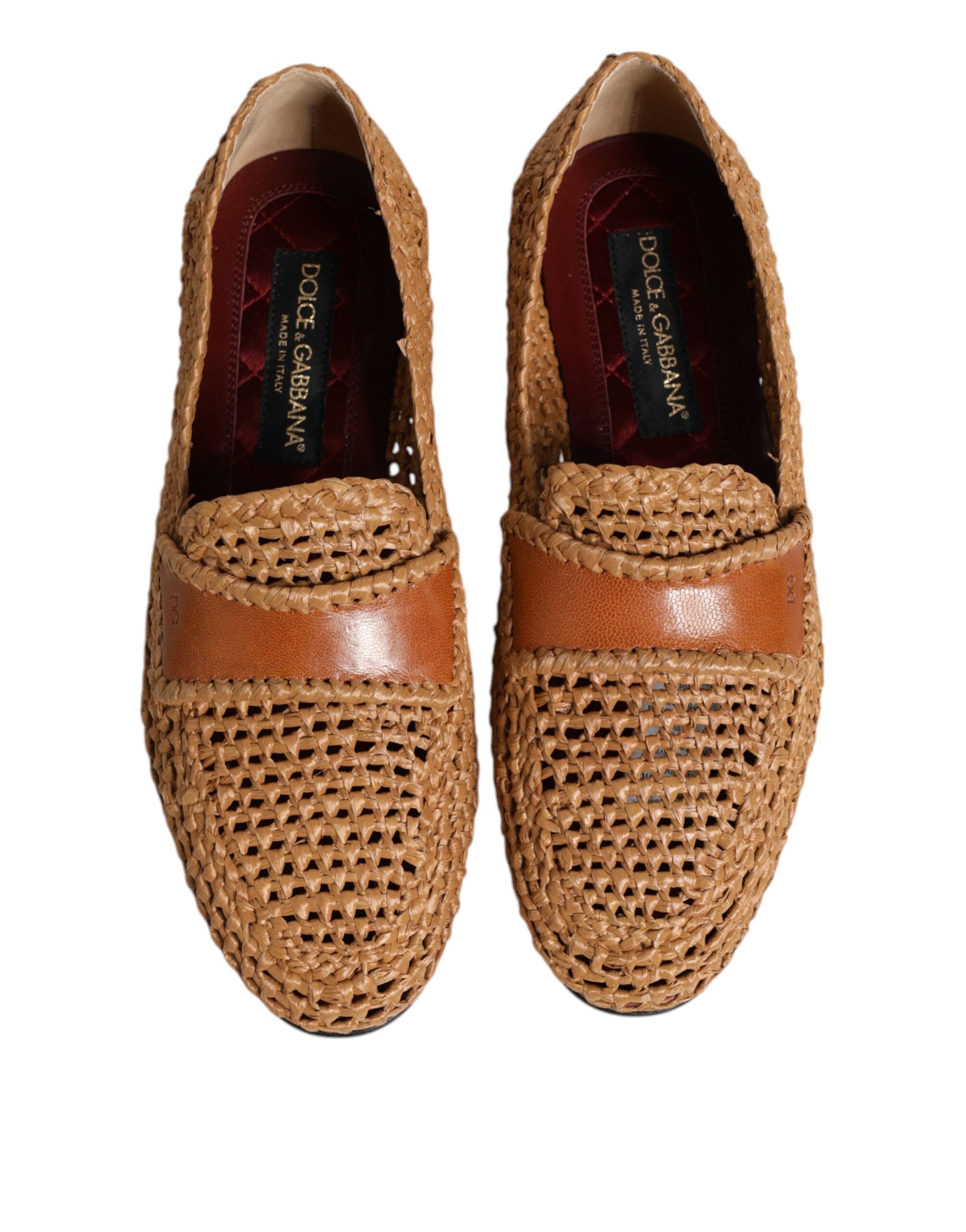 Brown Woven Raffia Slip On Loafers Shoes - ventzia