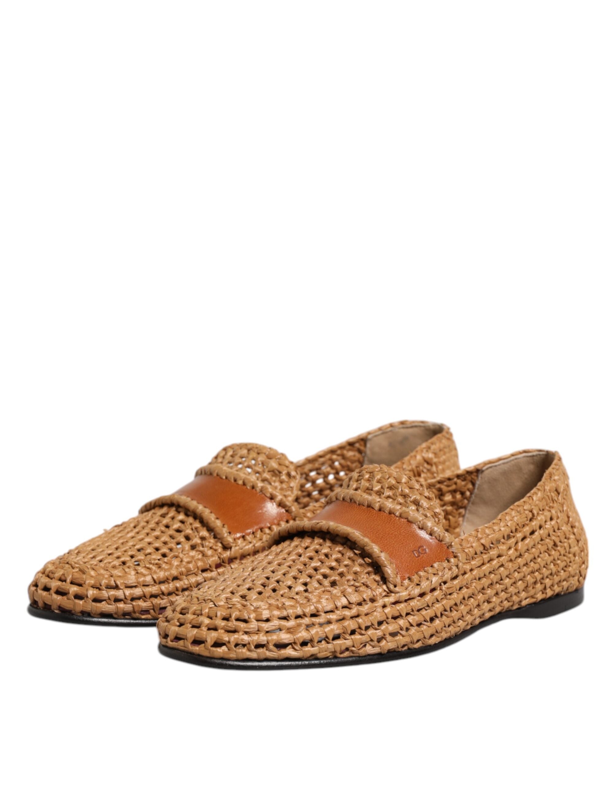 Brown Woven Raffia Slip On Loafers Shoes - ventzia