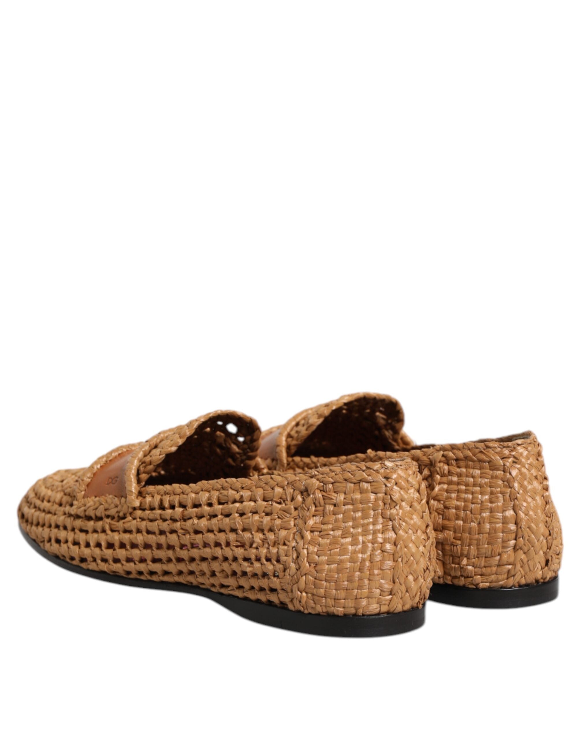 Brown Woven Raffia Slip On Loafers Shoes - ventzia