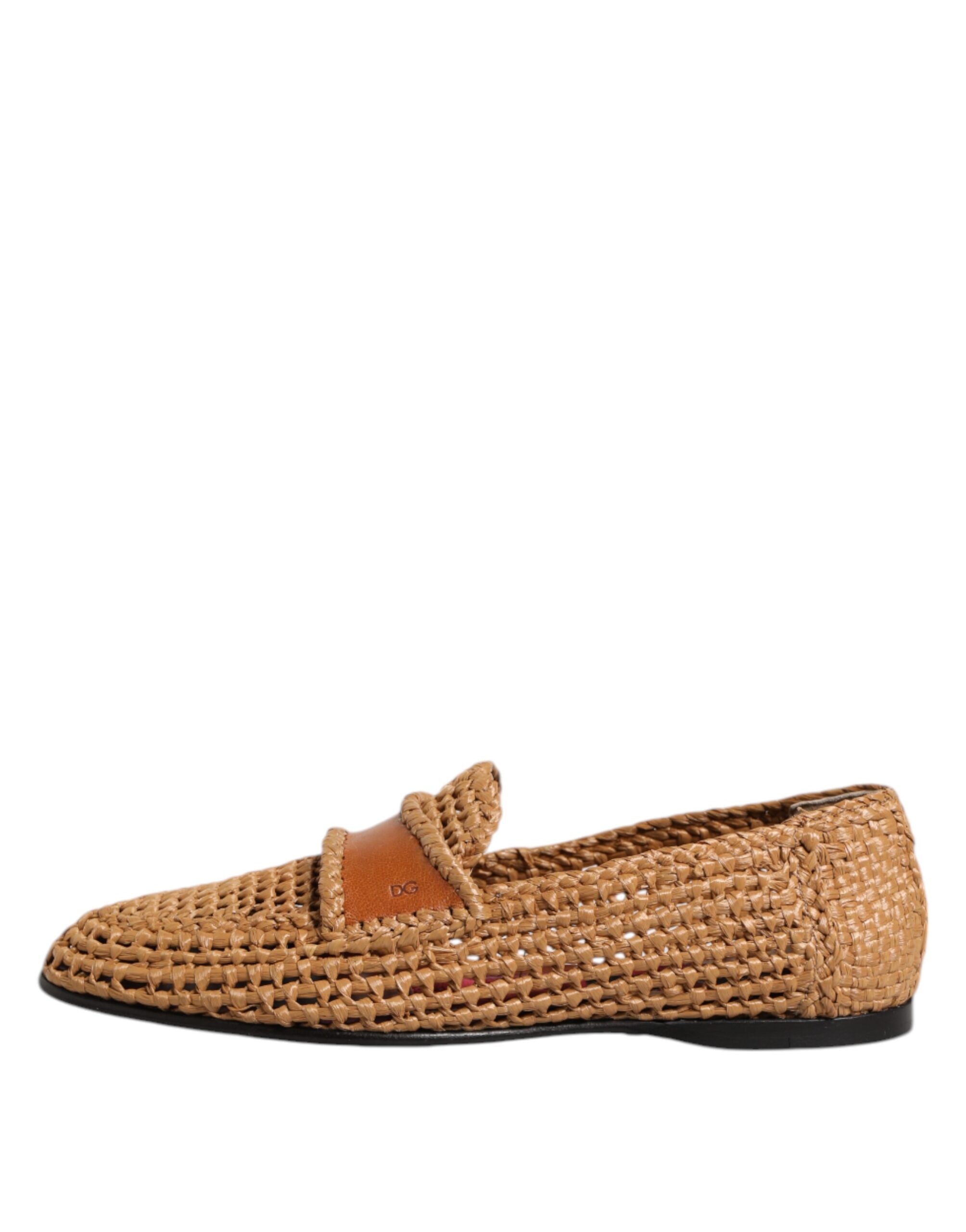 Brown Woven Raffia Slip On Loafers Shoes - ventzia