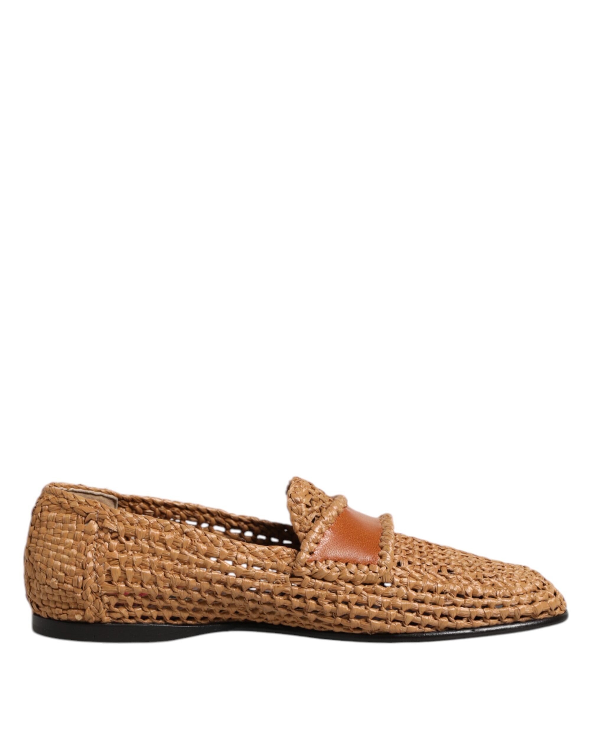 Brown Woven Raffia Slip On Loafers Shoes - ventzia