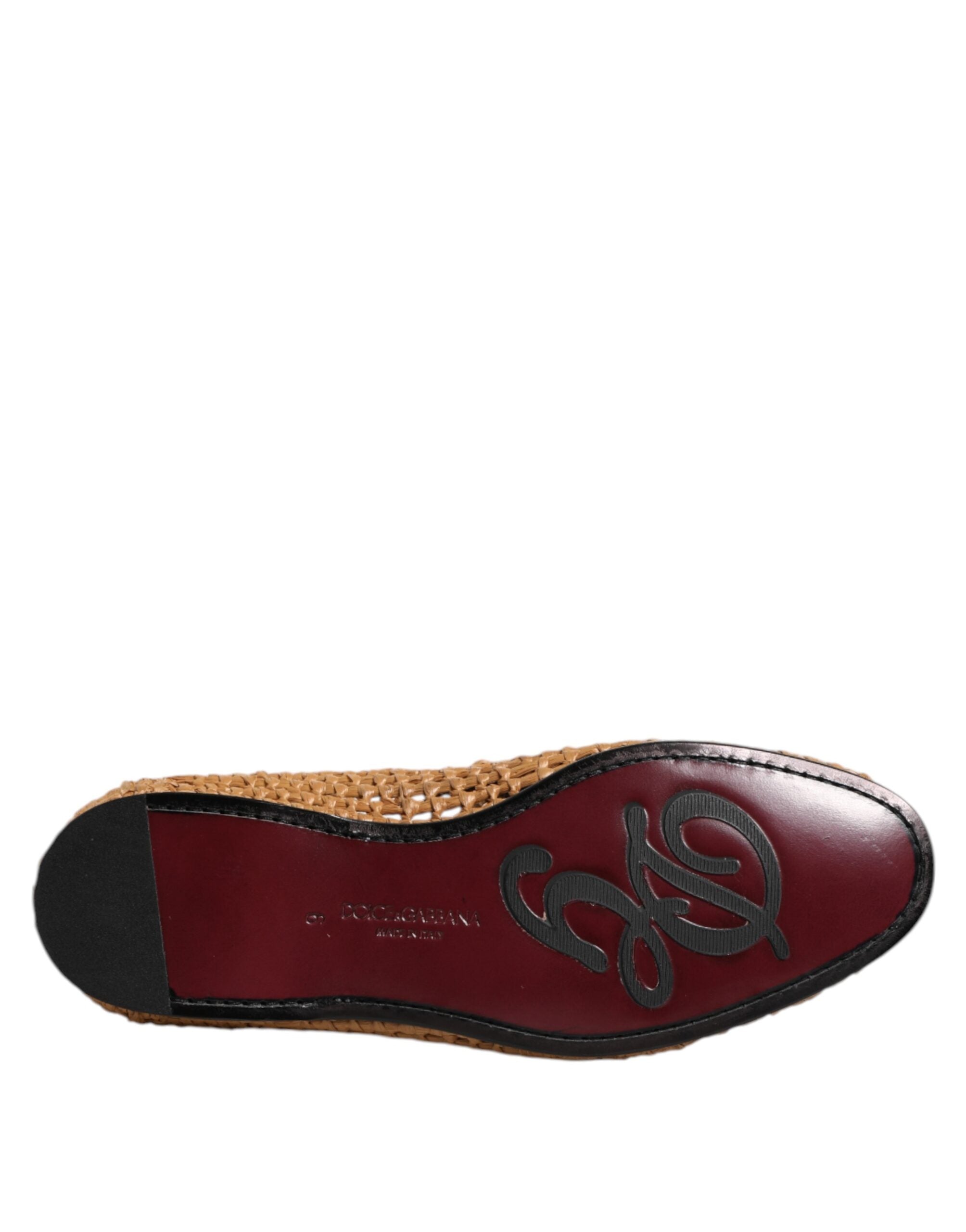 Brown Woven Raffia Slip On Loafers Shoes - ventzia