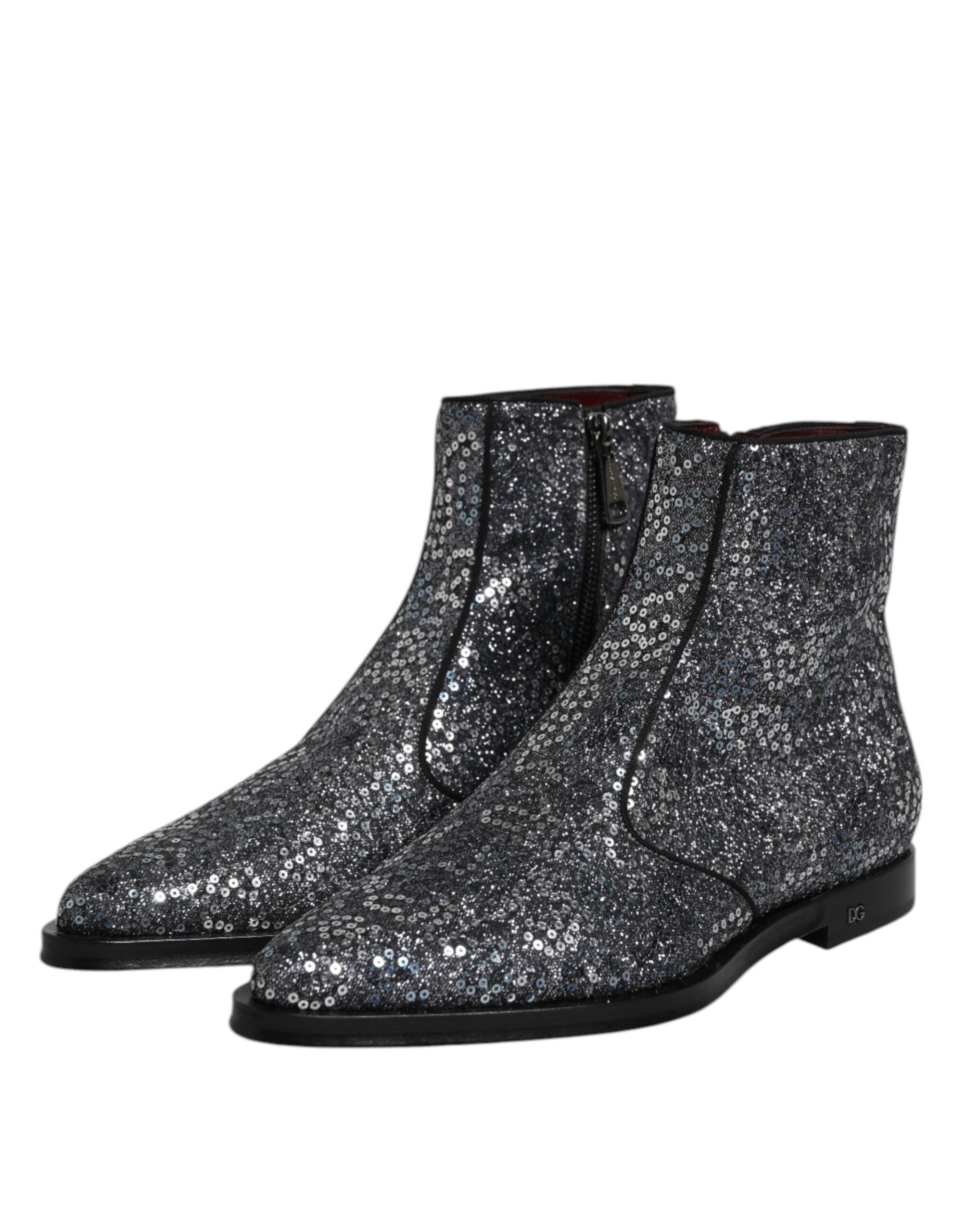 Dark Gray Cotton Sequined Chelsea Boots Shoes - ventzia