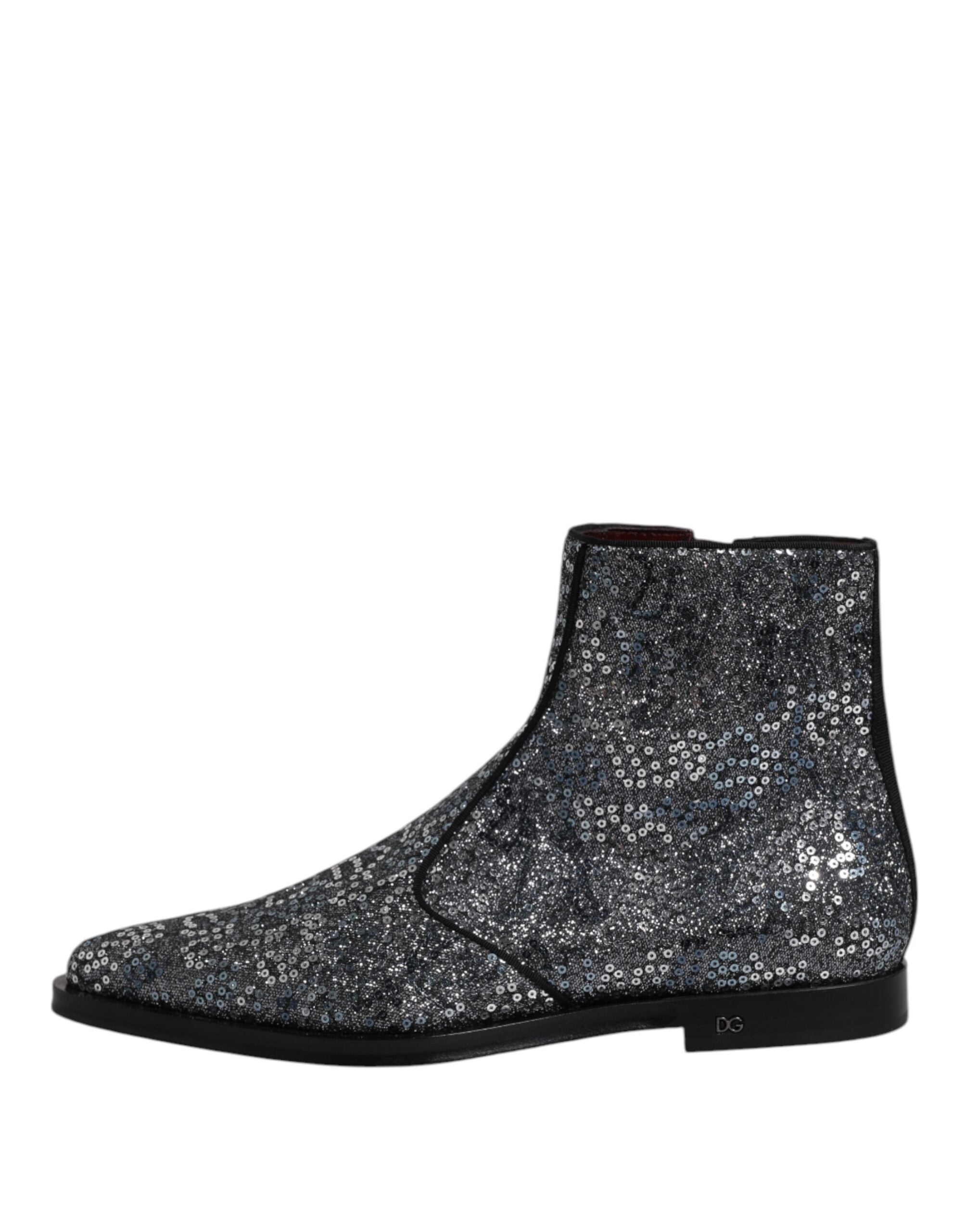 Dark Gray Cotton Sequined Chelsea Boots Shoes - ventzia