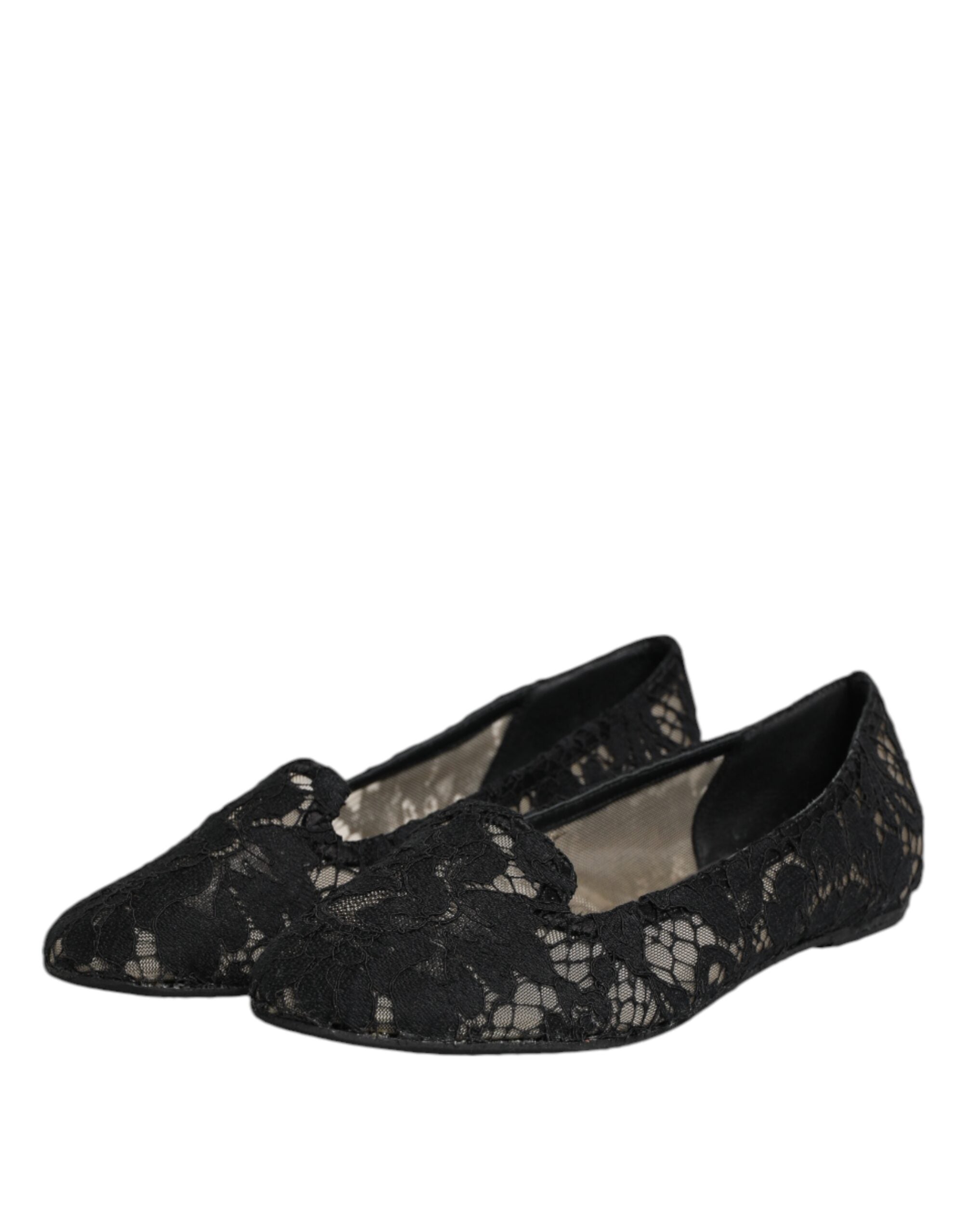 Black Taormina Lace Slip On Flats Shoes - ventzia