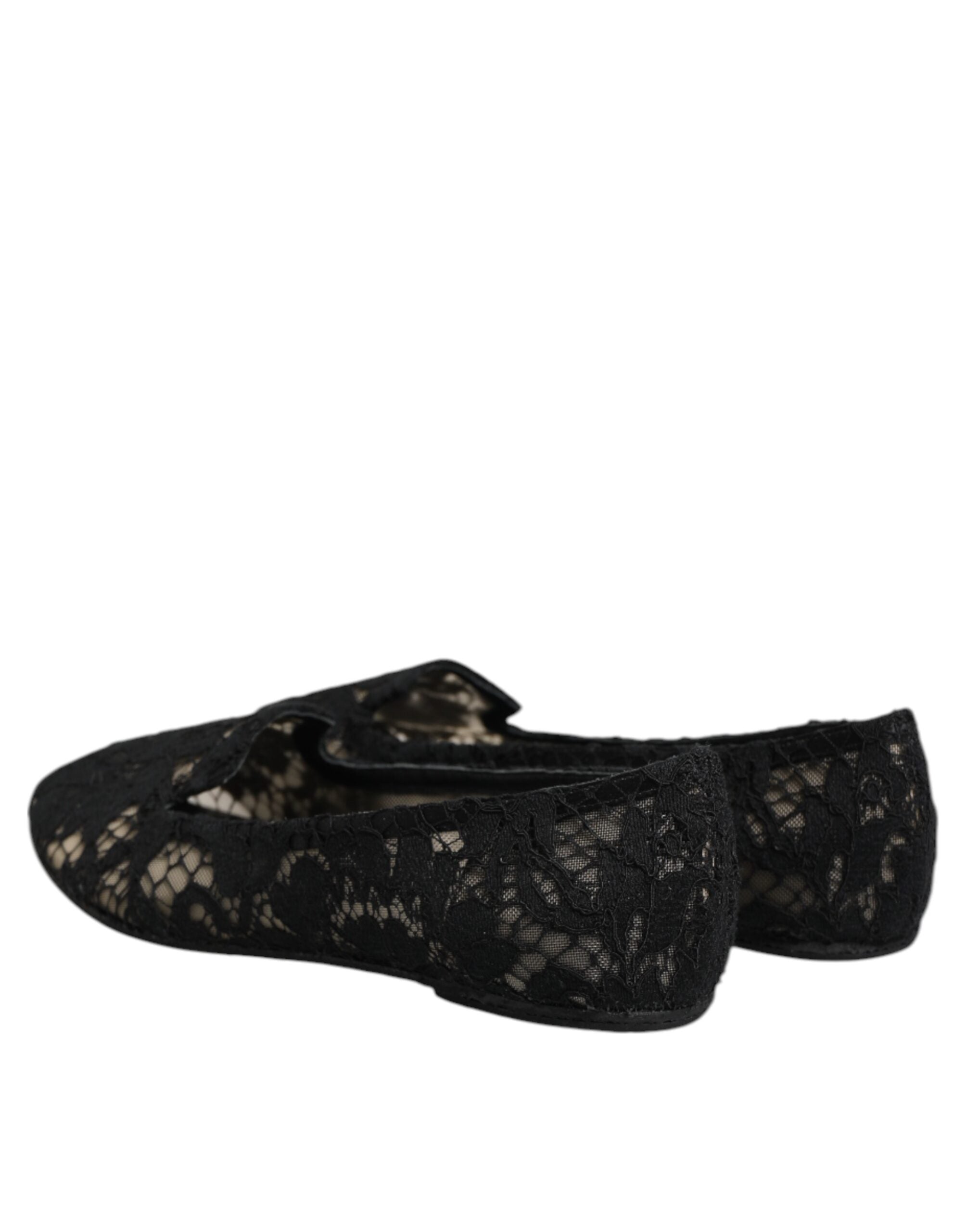 Black Taormina Lace Slip On Flats Shoes - ventzia
