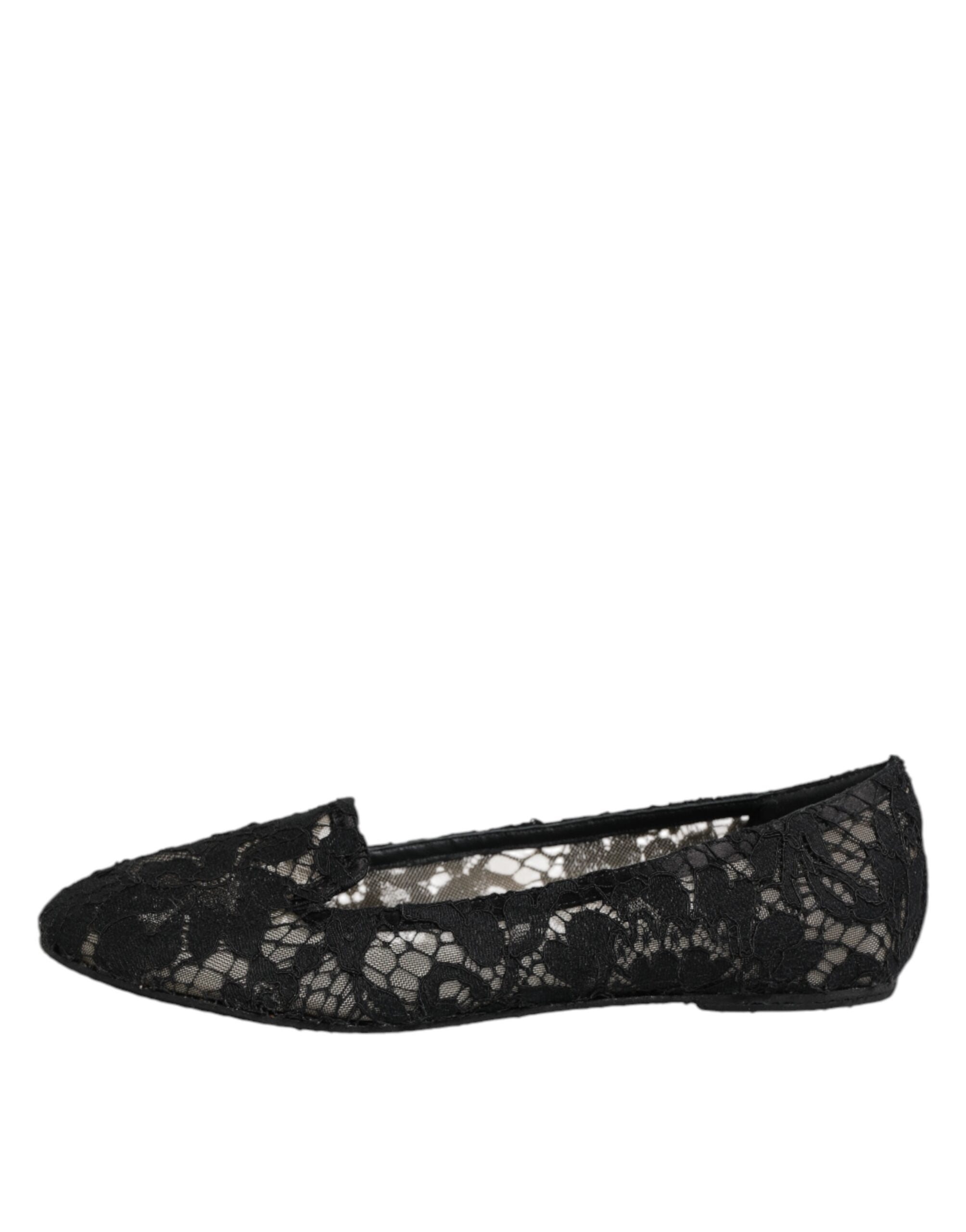 Black Taormina Lace Slip On Flats Shoes - ventzia