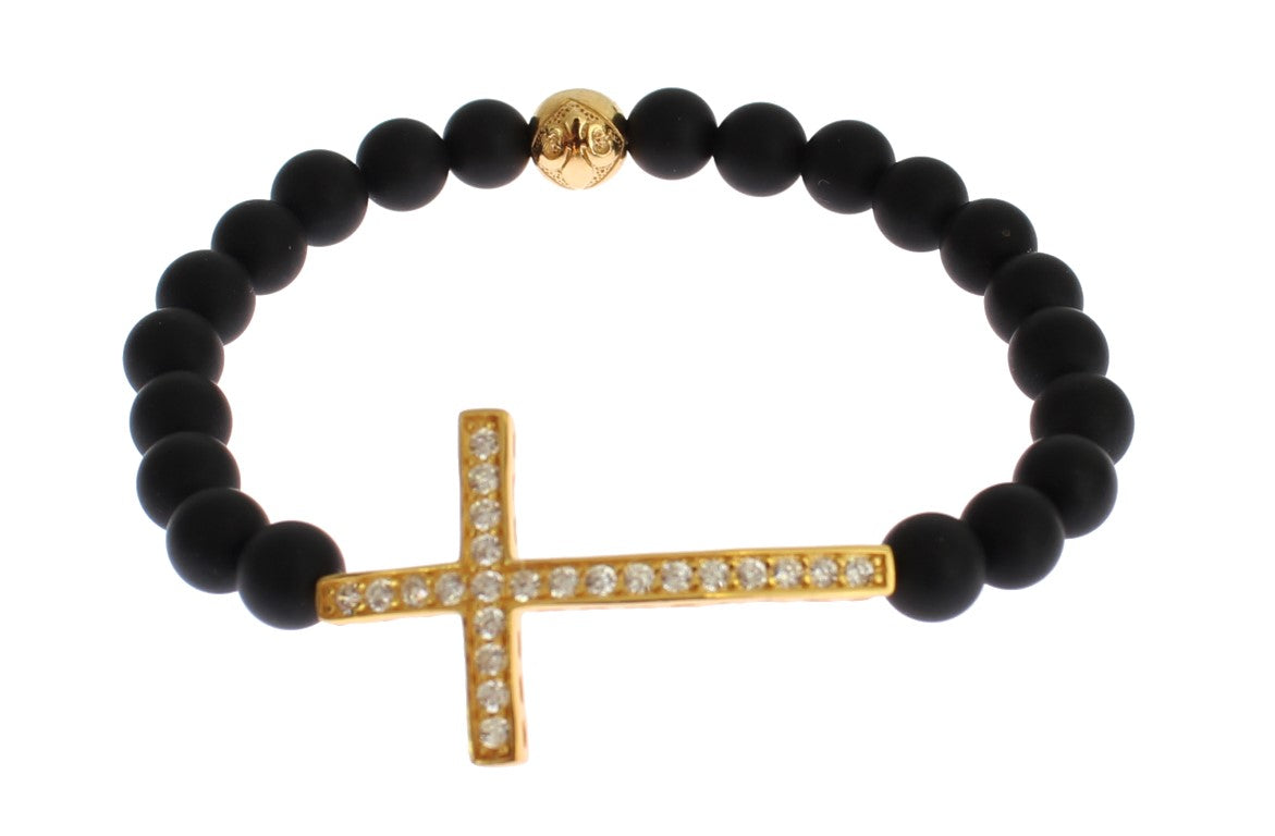 Chic Matte Onyx Bead & CZ Diamond Cross Bracelet - ventzia