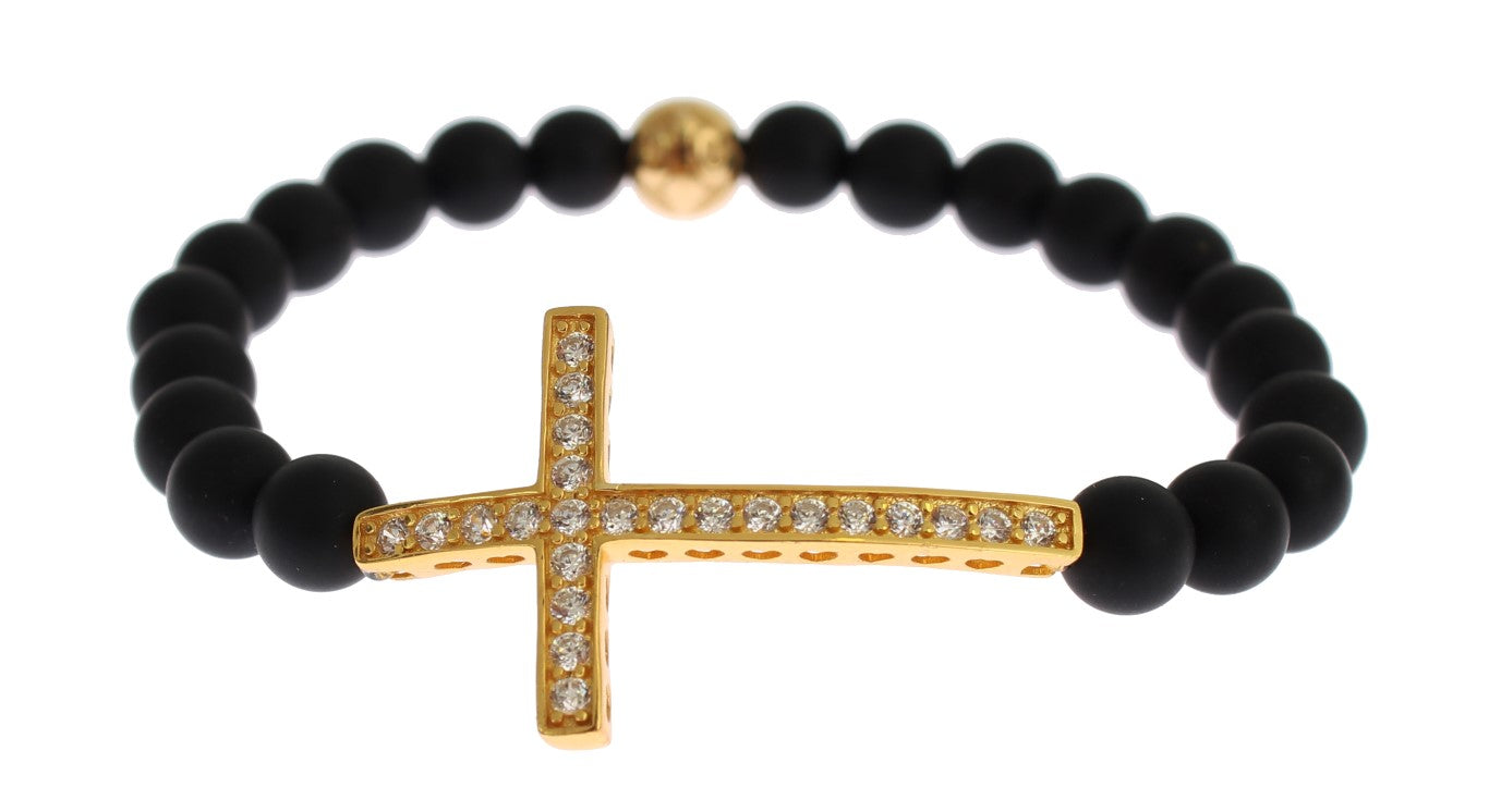Chic Matte Onyx Bead & CZ Diamond Cross Bracelet - ventzia