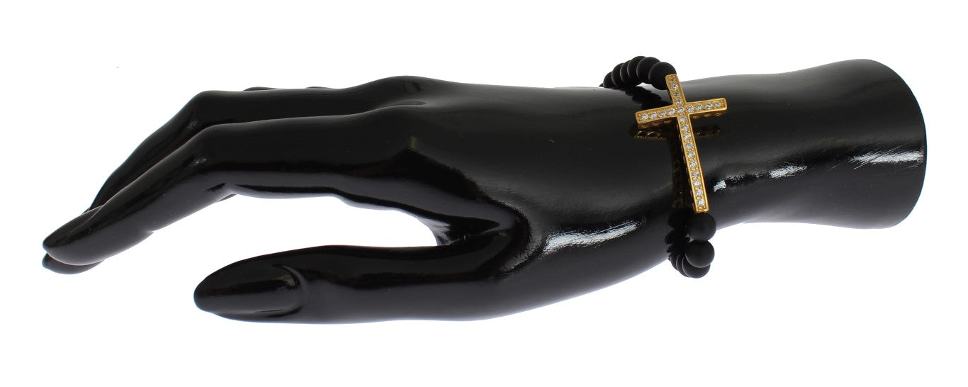 Chic Matte Onyx Bead & CZ Diamond Cross Bracelet - ventzia