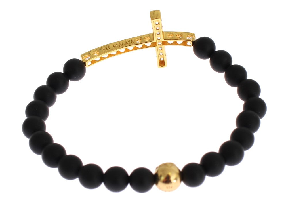 Chic Matte Onyx Bead & CZ Diamond Cross Bracelet - ventzia