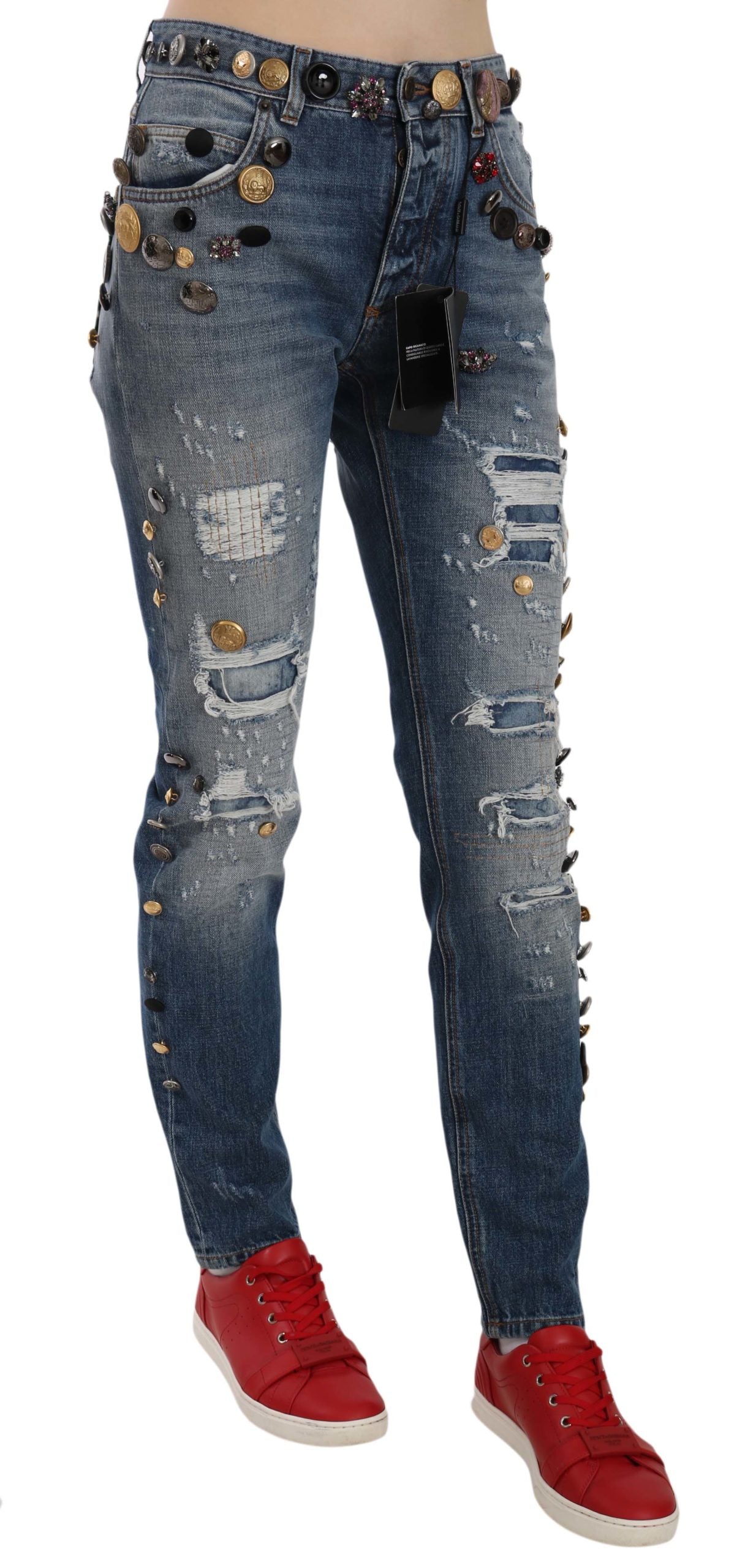 Distressed Embellished Buttons Denim Pants Jeans - ventzia