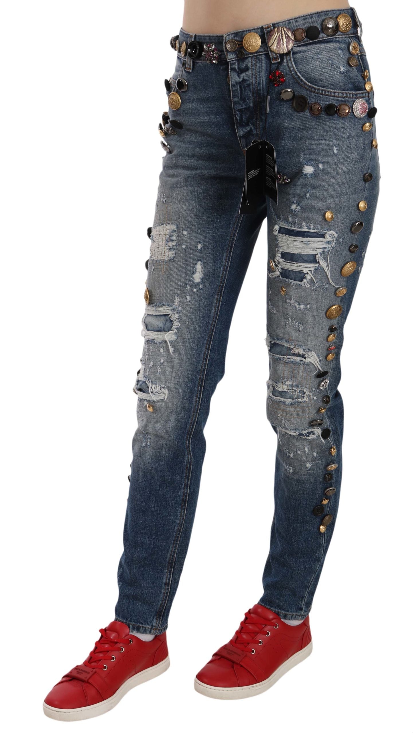 Distressed Embellished Buttons Denim Pants Jeans - ventzia