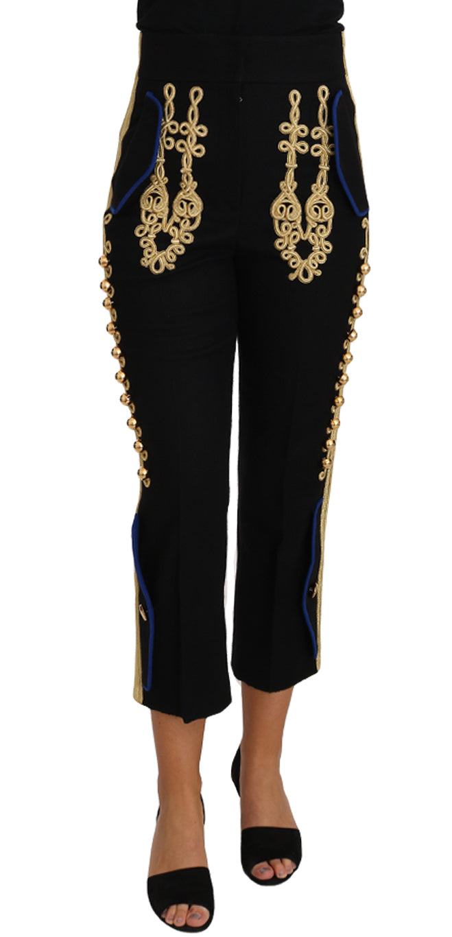 Elegant Black Military Embellished Pants - ventzia